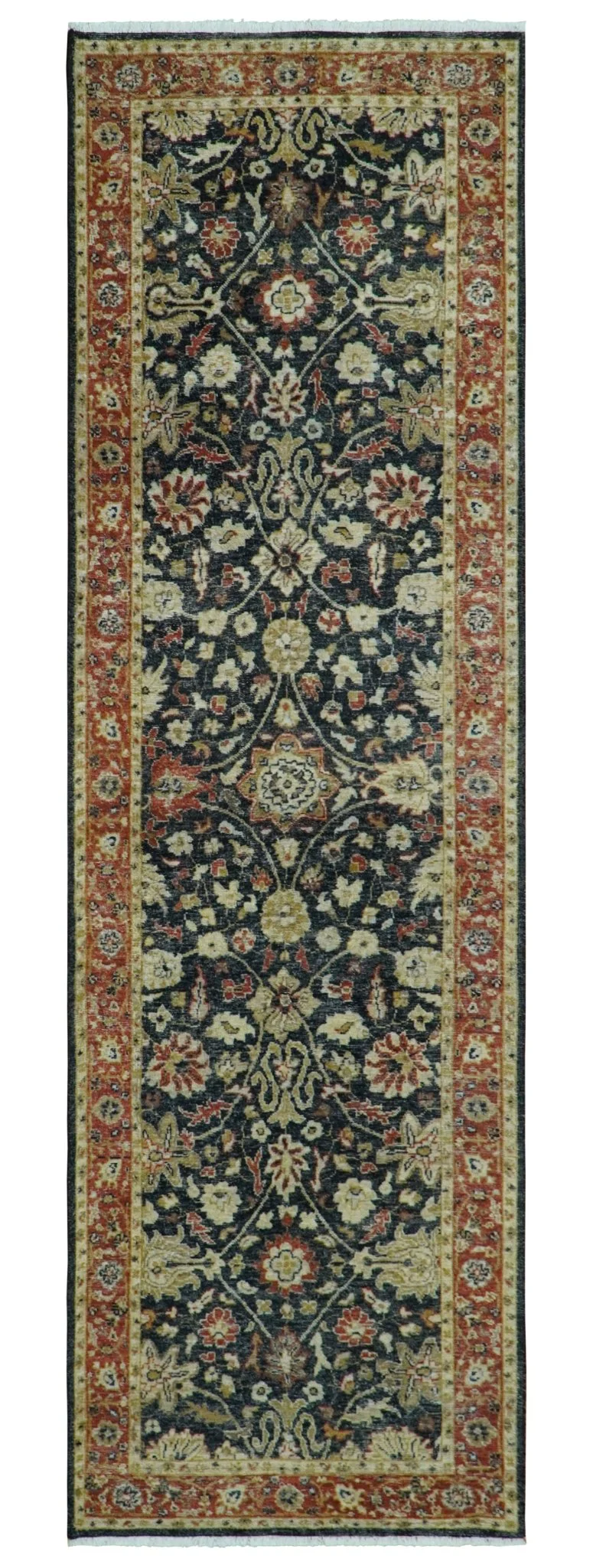 Vintage Hand Knotted Traditional Black, Rust and Beige Antique Textured Low Pile Distressed Wool Rug - Image 10