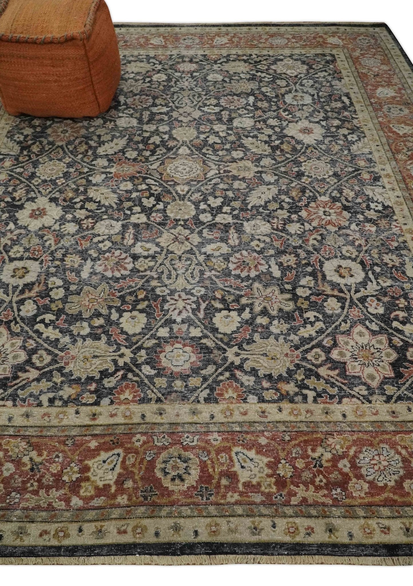 Vintage Hand Knotted Traditional Black, Rust and Beige Antique Textured Low Pile Distressed Wool Rug - Image 3