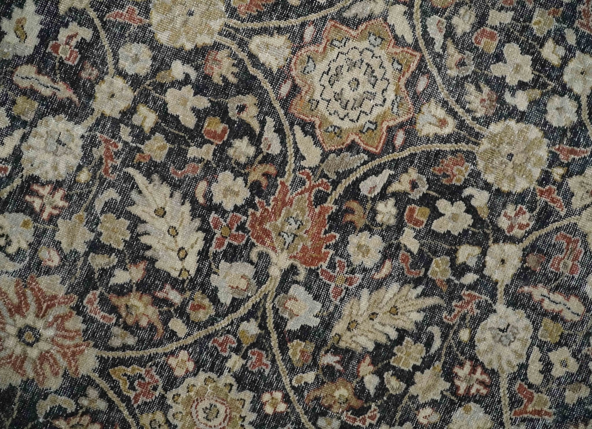 Vintage Hand Knotted Traditional Black, Rust and Beige Antique Textured Low Pile Distressed Wool Rug - Image 4