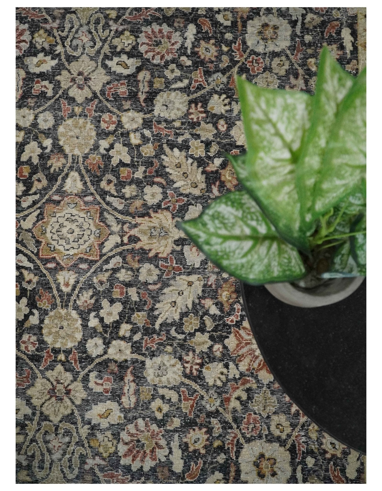 Vintage Hand Knotted Traditional Black, Rust and Beige Antique Textured Low Pile Distressed Wool Rug - Image 5