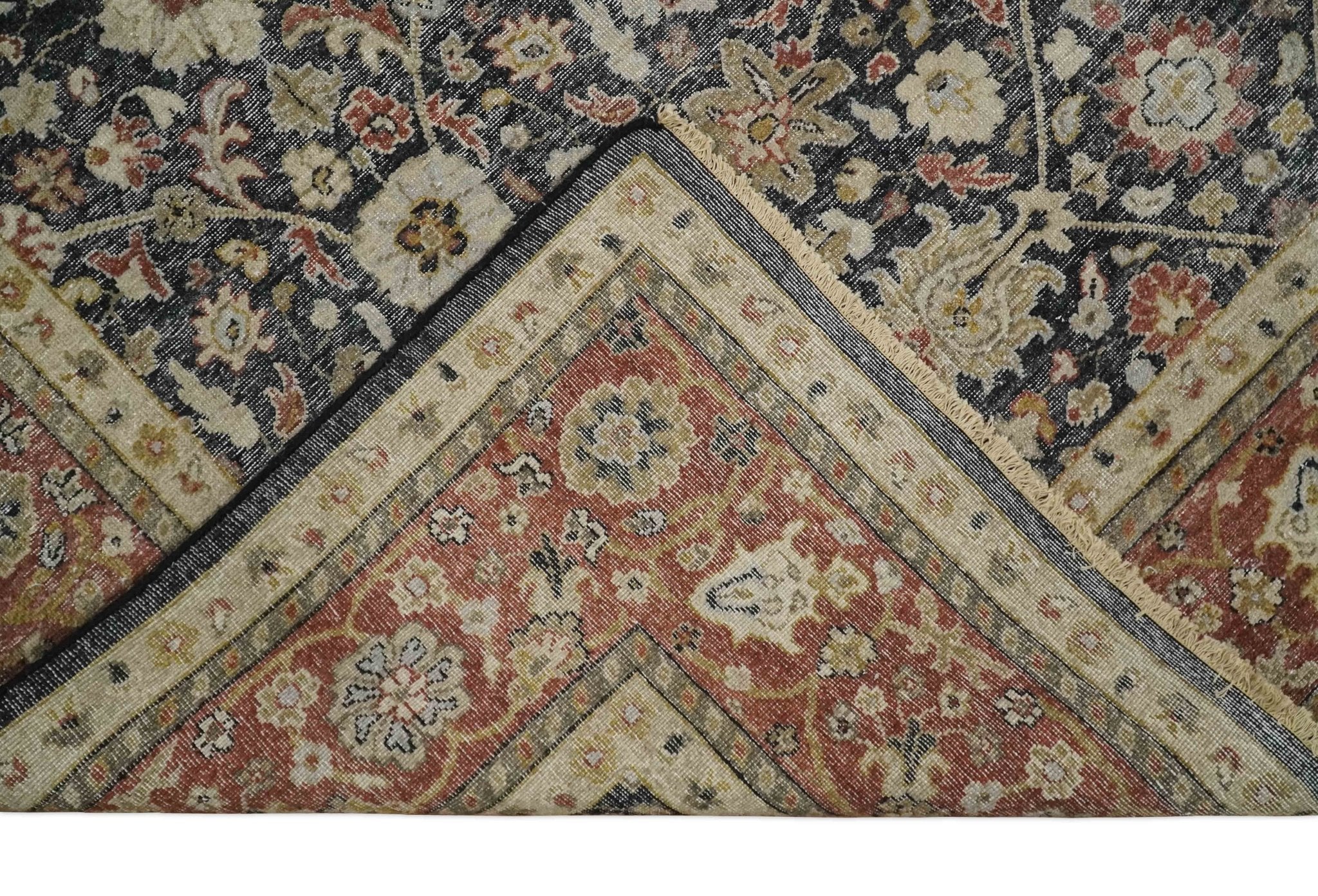 Vintage Hand Knotted Traditional Black, Rust and Beige Antique Textured Low Pile Distressed Wool Rug - Image 6