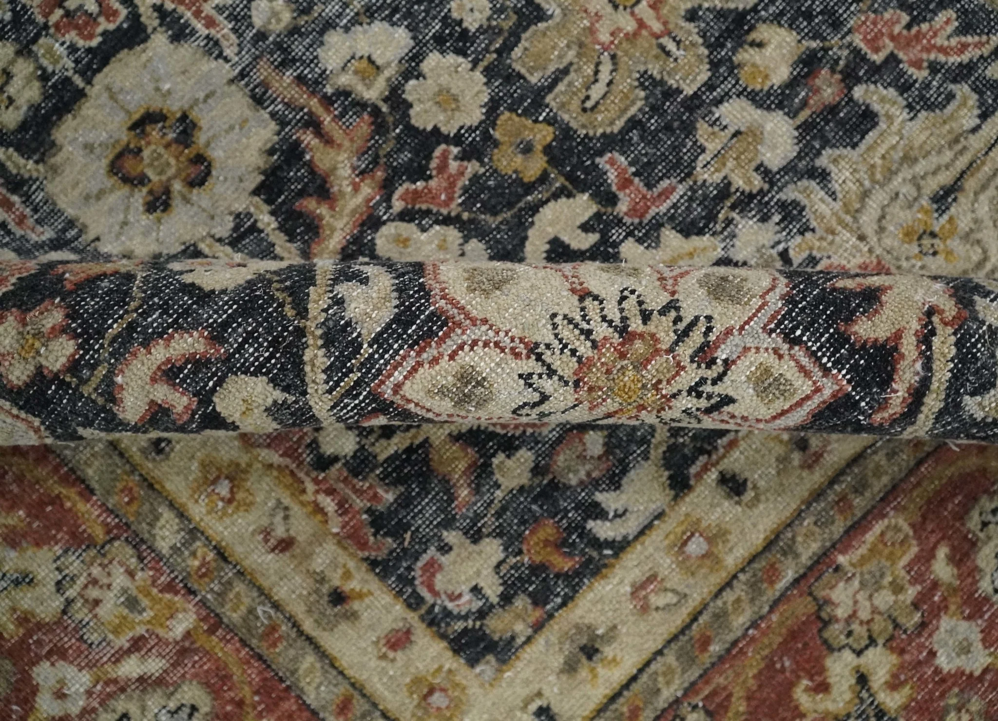 Vintage Hand Knotted Traditional Black, Rust and Beige Antique Textured Low Pile Distressed Wool Rug - Image 7