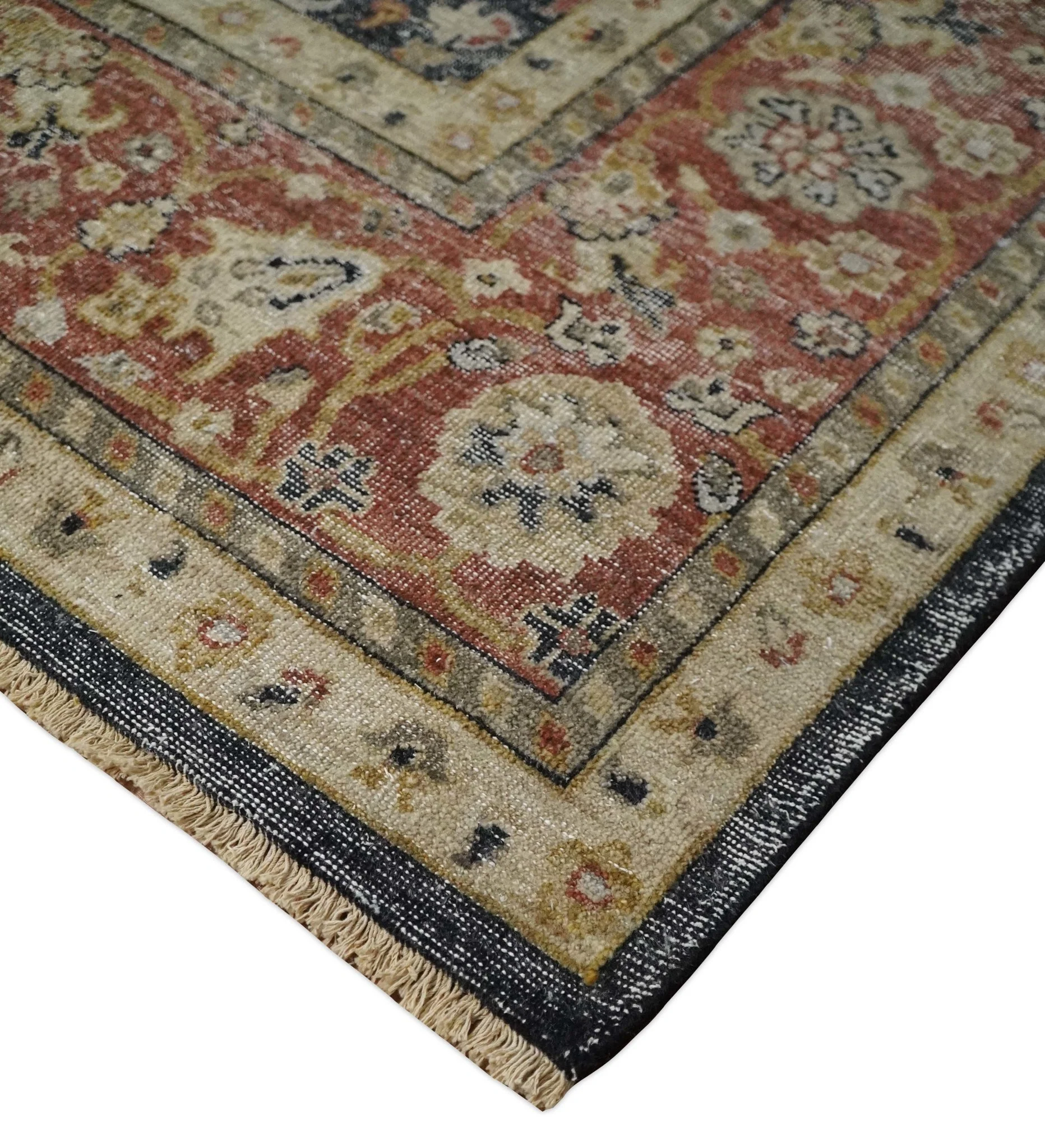 Vintage Hand Knotted Traditional Black, Rust and Beige Antique Textured Low Pile Distressed Wool Rug - Image 8
