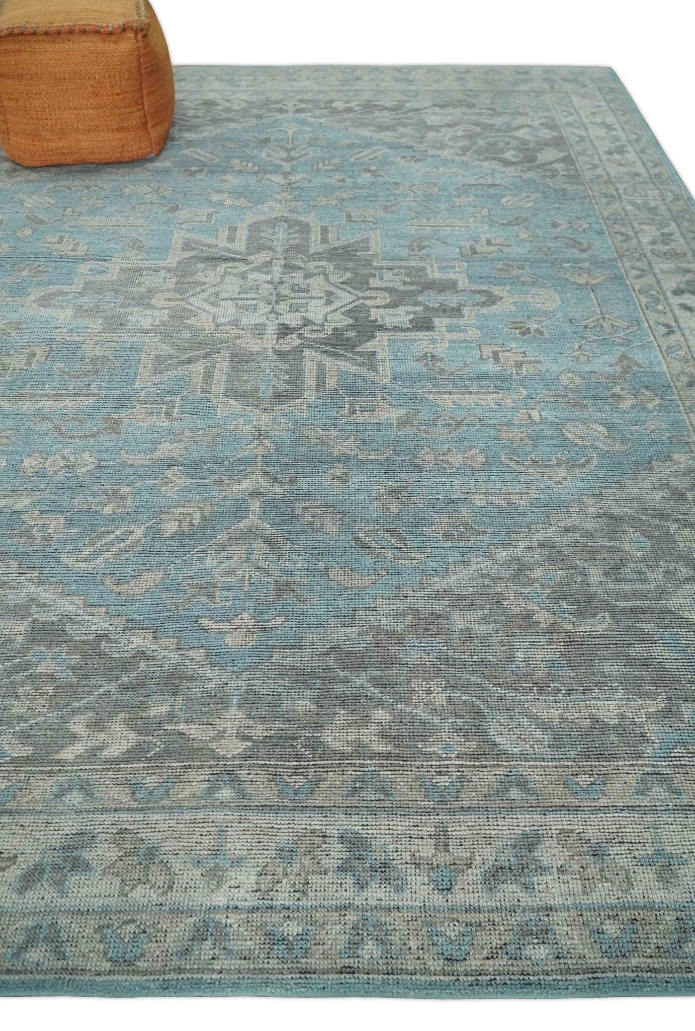 Beige, Blue and Gray Antique Finish Distressed Hand Knotted Heriz Serapi Traditional Multi Size wool Area Rug - Image 3
