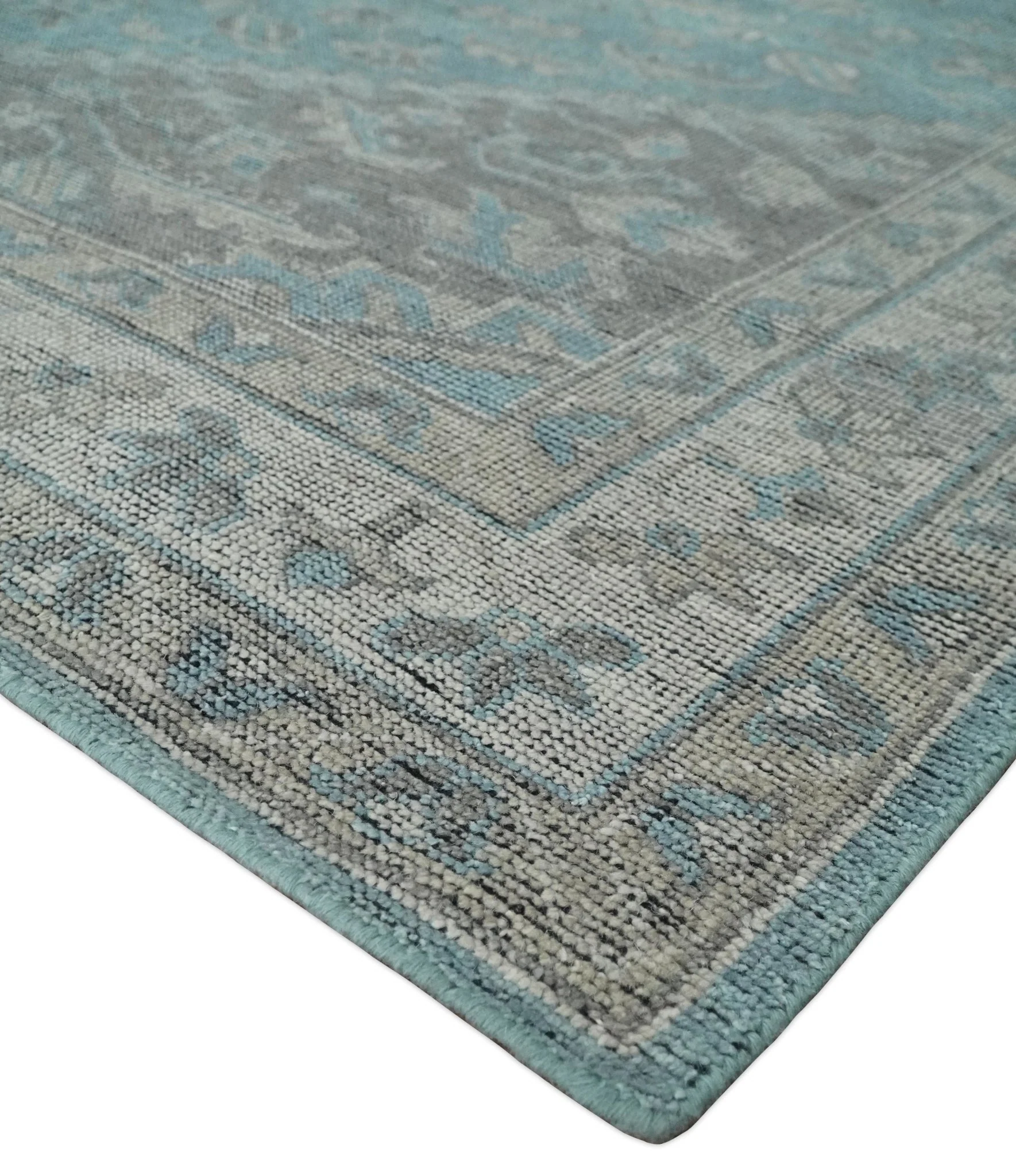 Beige, Blue and Gray Antique Finish Distressed Hand Knotted Heriz Serapi Traditional Multi Size wool Area Rug - Image 5