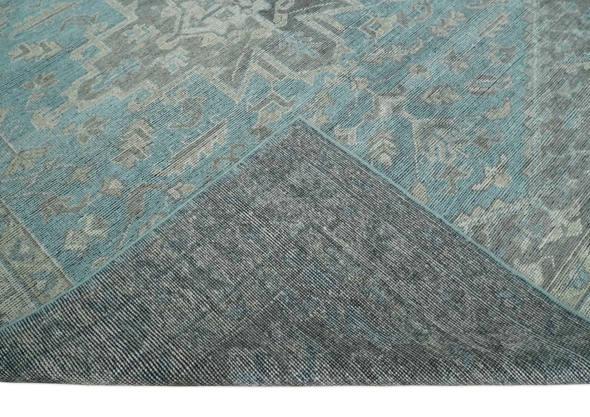 Beige, Blue and Gray Antique Finish Distressed Hand Knotted Heriz Serapi Traditional Multi Size wool Area Rug - Image 6
