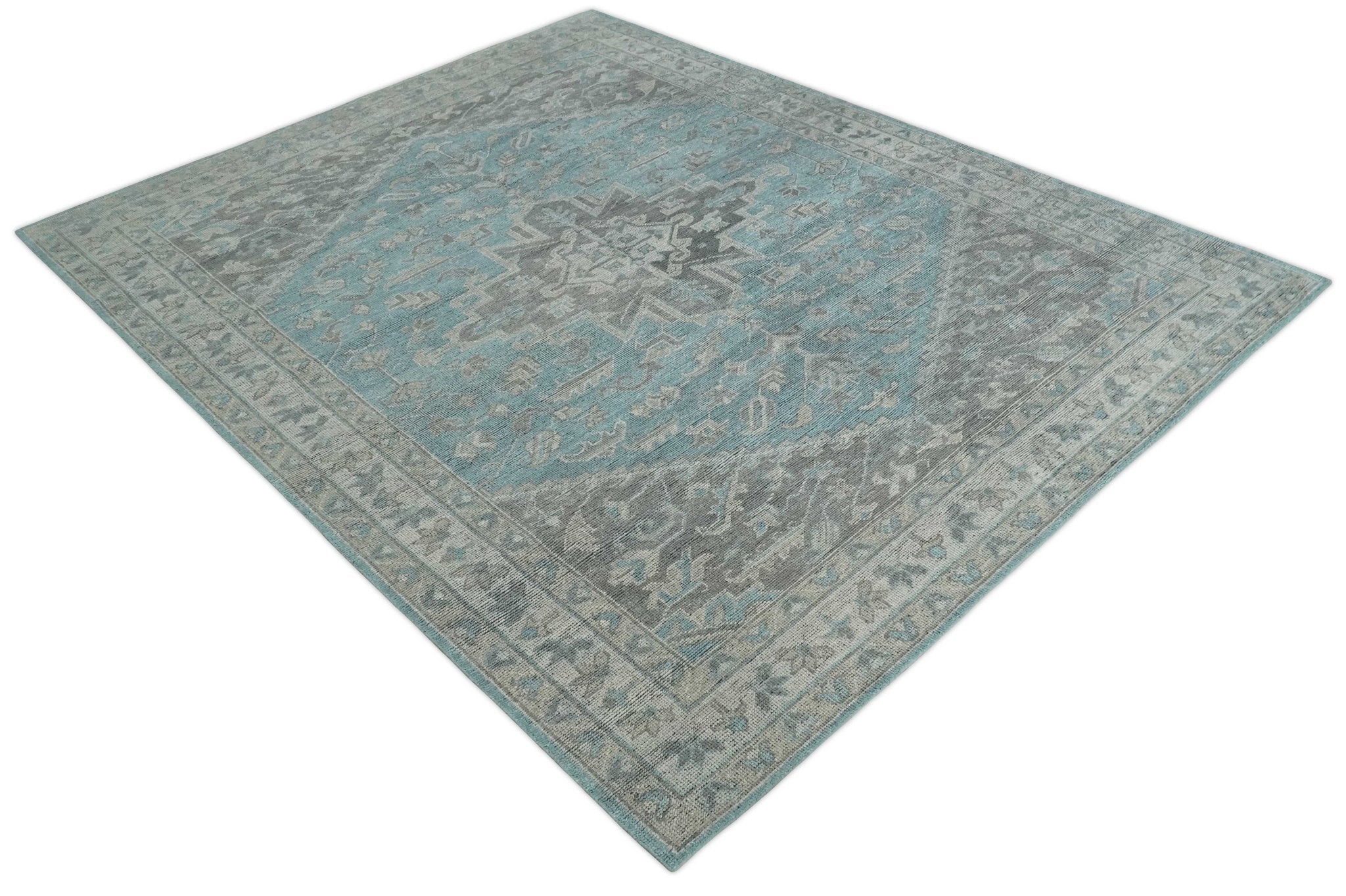 Beige, Blue and Gray Antique Finish Distressed Hand Knotted Heriz Serapi Traditional Multi Size wool Area Rug - Image 8