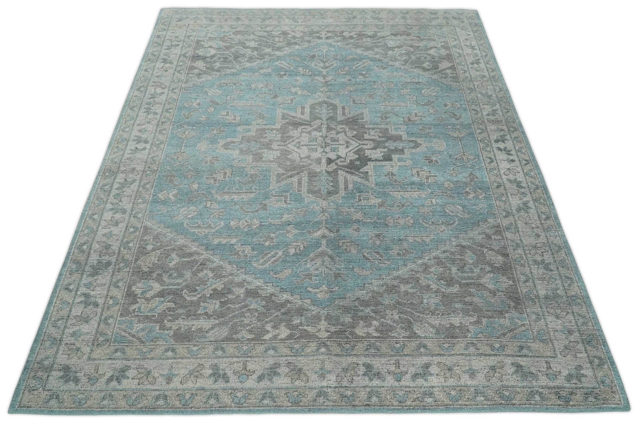 Beige, Blue and Gray Antique Finish Distressed Hand Knotted Heriz Serapi Traditional Multi Size wool Area Rug - Image 9