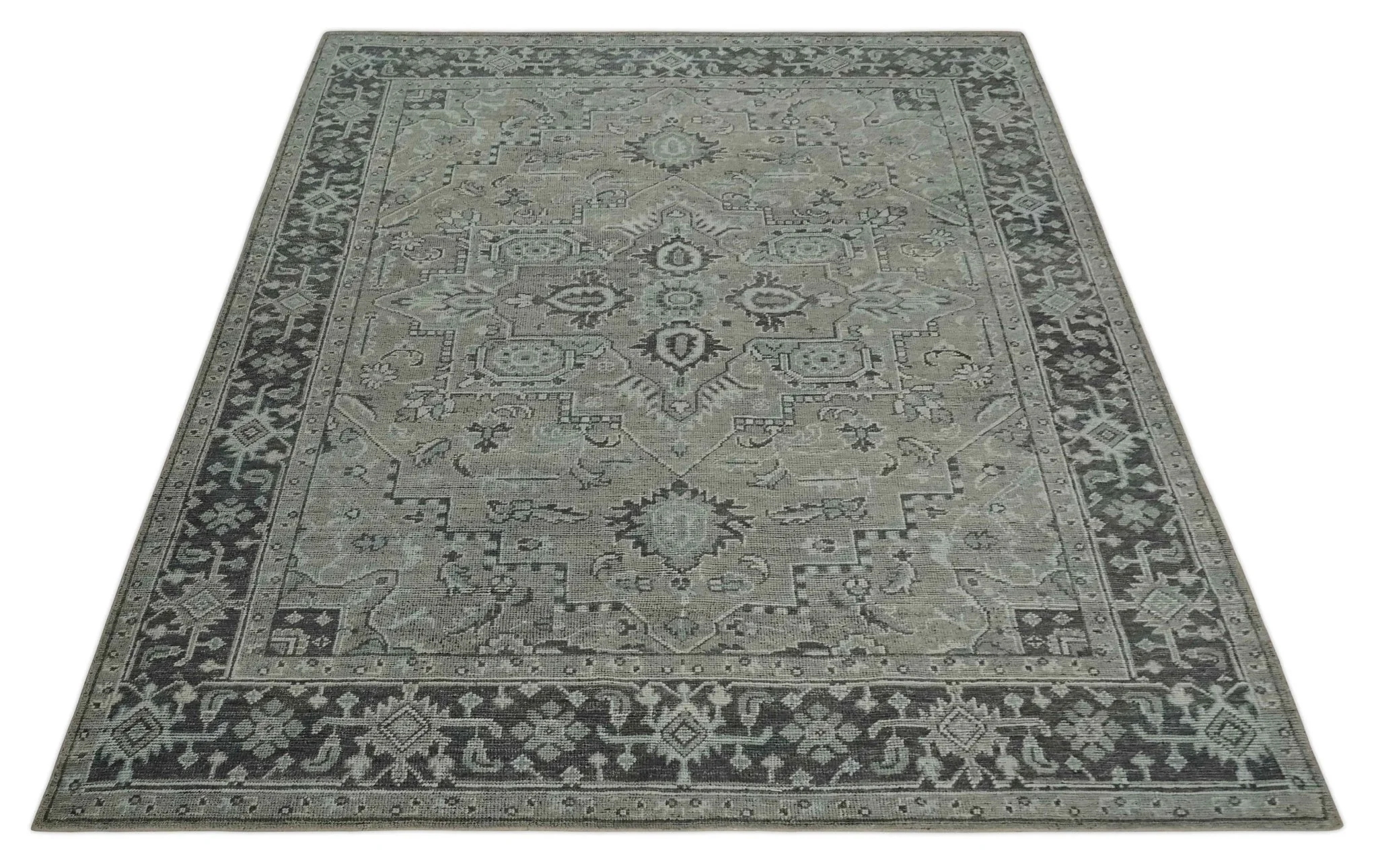 Vintage Style Distressed finished Traditional Hand Knotted Heriz Serapi Taupe and Ivory Multi size wool Area Rug - Image 10