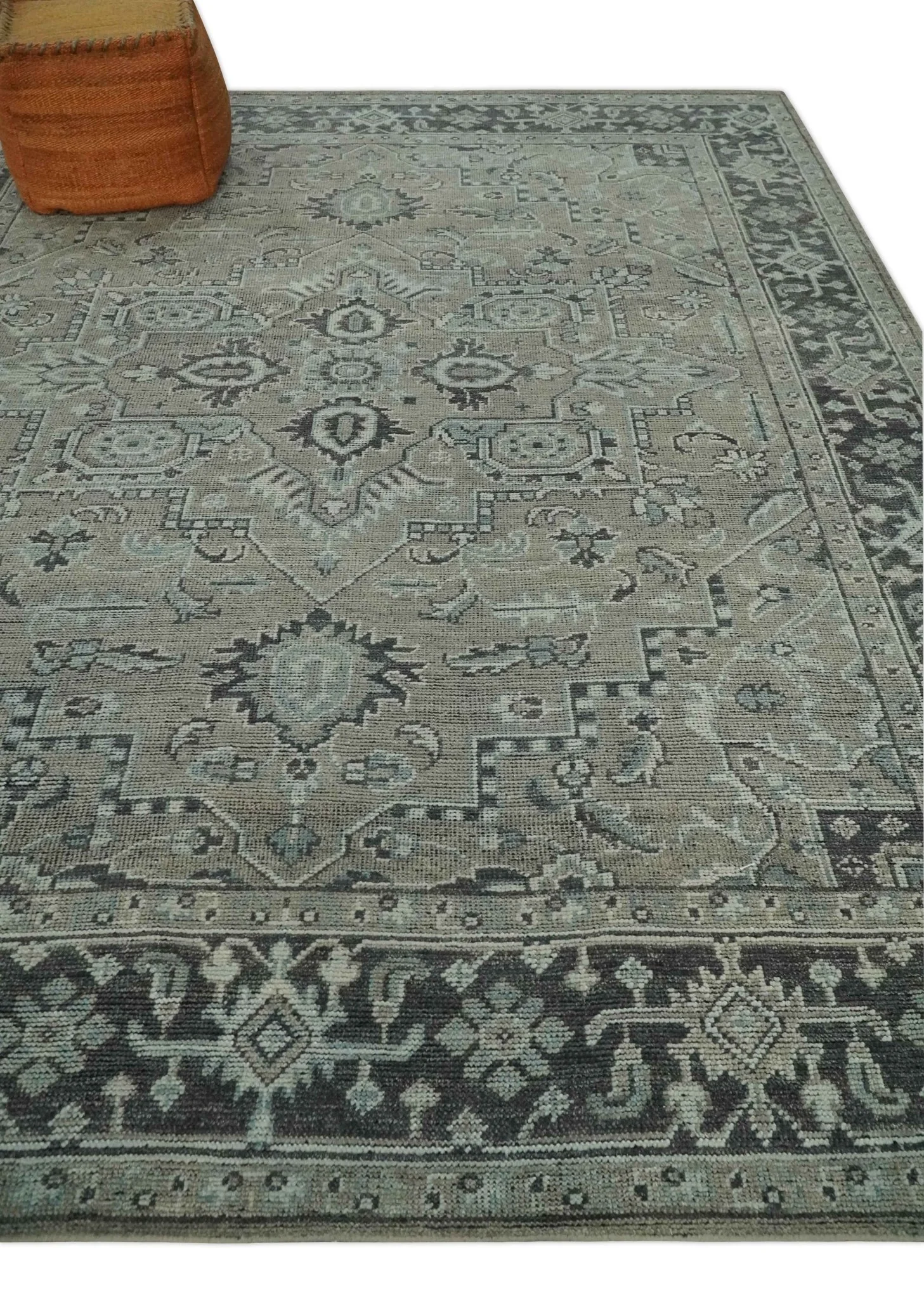 Vintage Style Distressed finished Traditional Hand Knotted Heriz Serapi Taupe and Ivory Multi size wool Area Rug - Image 3