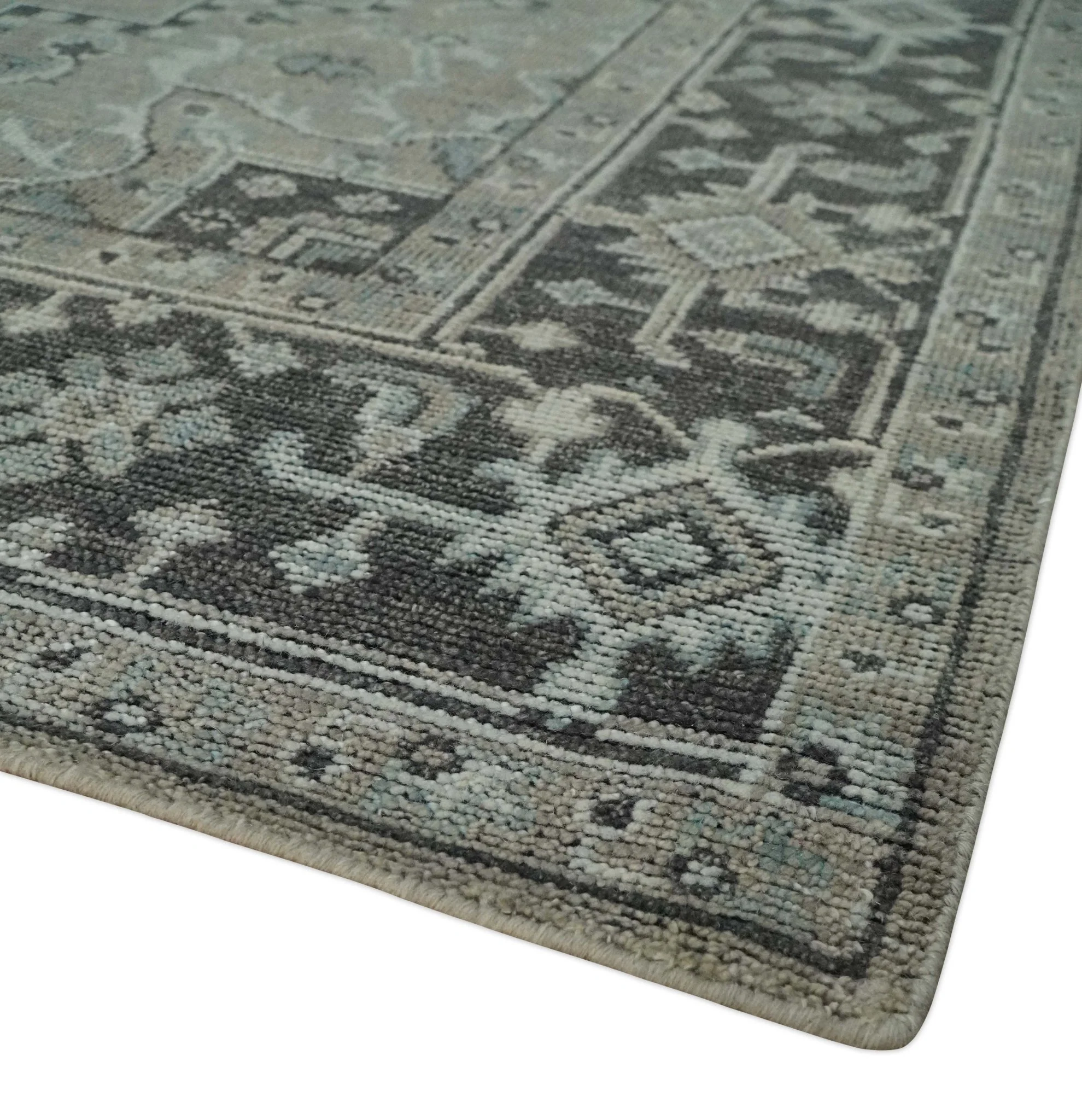 Vintage Style Distressed finished Traditional Hand Knotted Heriz Serapi Taupe and Ivory Multi size wool Area Rug - Image 5