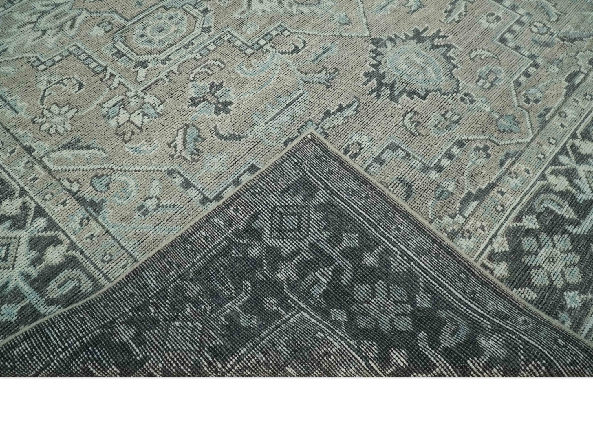 Vintage Style Distressed finished Traditional Hand Knotted Heriz Serapi Taupe and Ivory Multi size wool Area Rug - Image 7