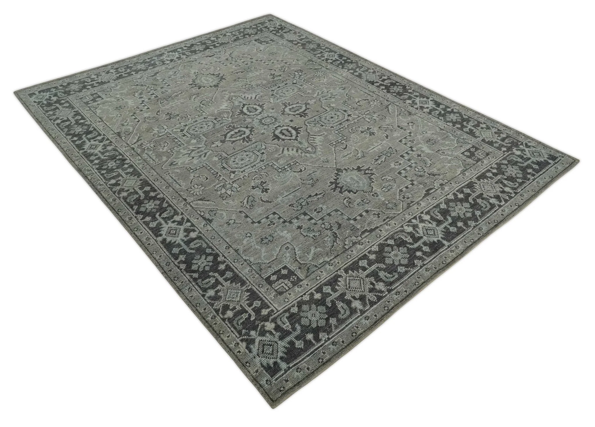 Vintage Style Distressed finished Traditional Hand Knotted Heriz Serapi Taupe and Ivory Multi size wool Area Rug - Image 9