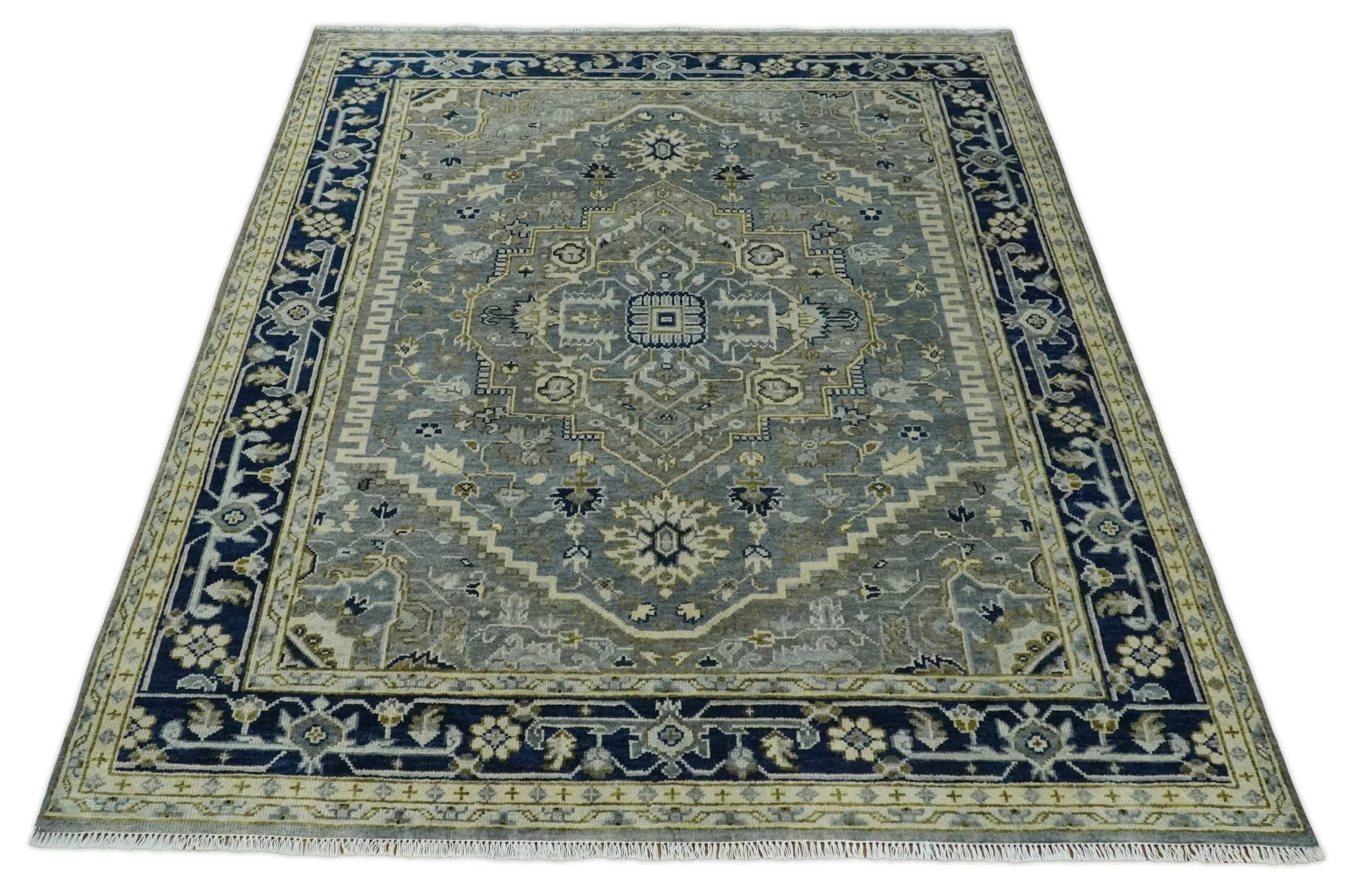 Vintage Style 8x10 Hand Knotted Heriz Serapi Gray, Beige and Blue Traditional Area Rug - Image 10