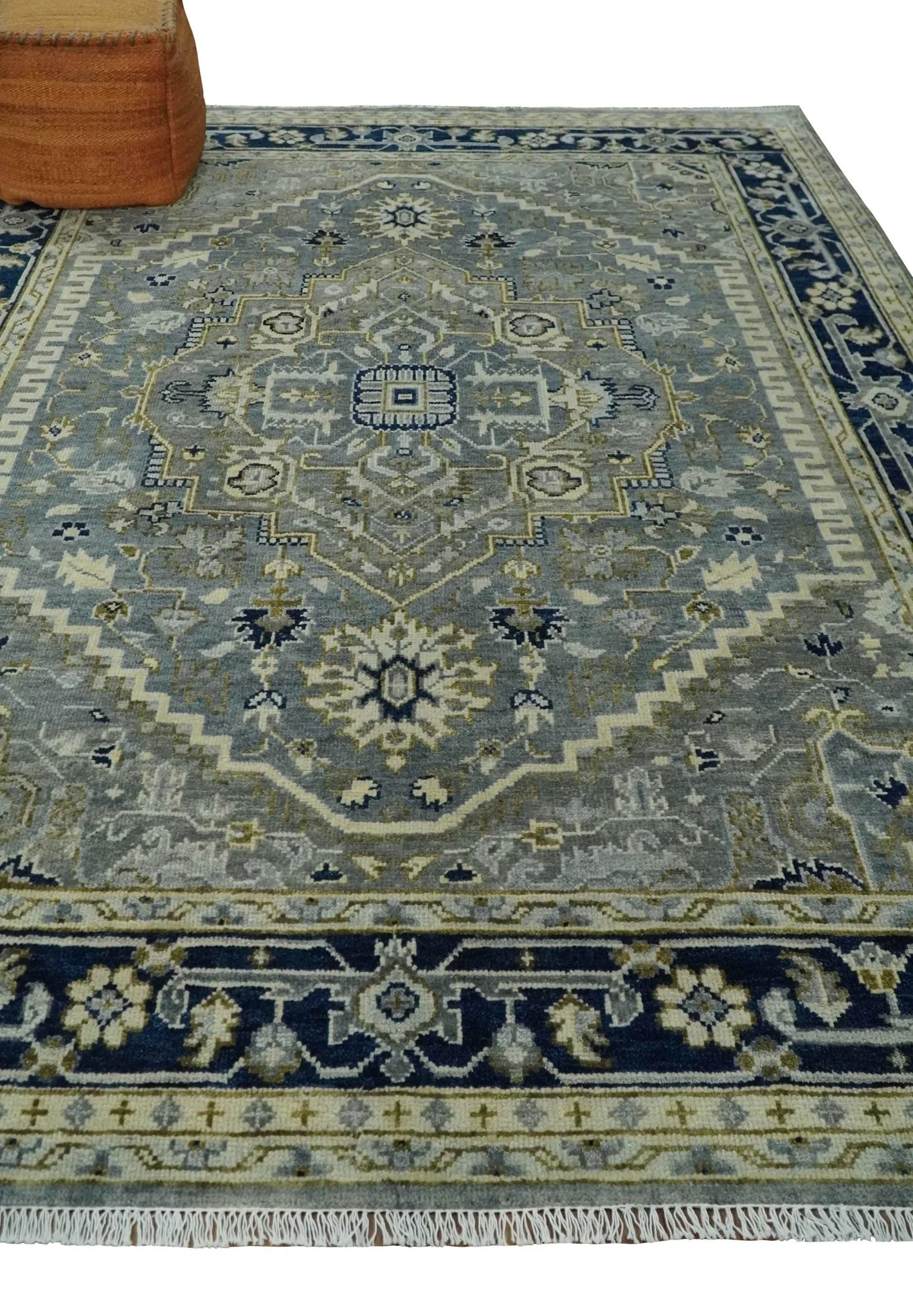 Vintage Style 8x10 Hand Knotted Heriz Serapi Gray, Beige and Blue Traditional Area Rug - Image 2
