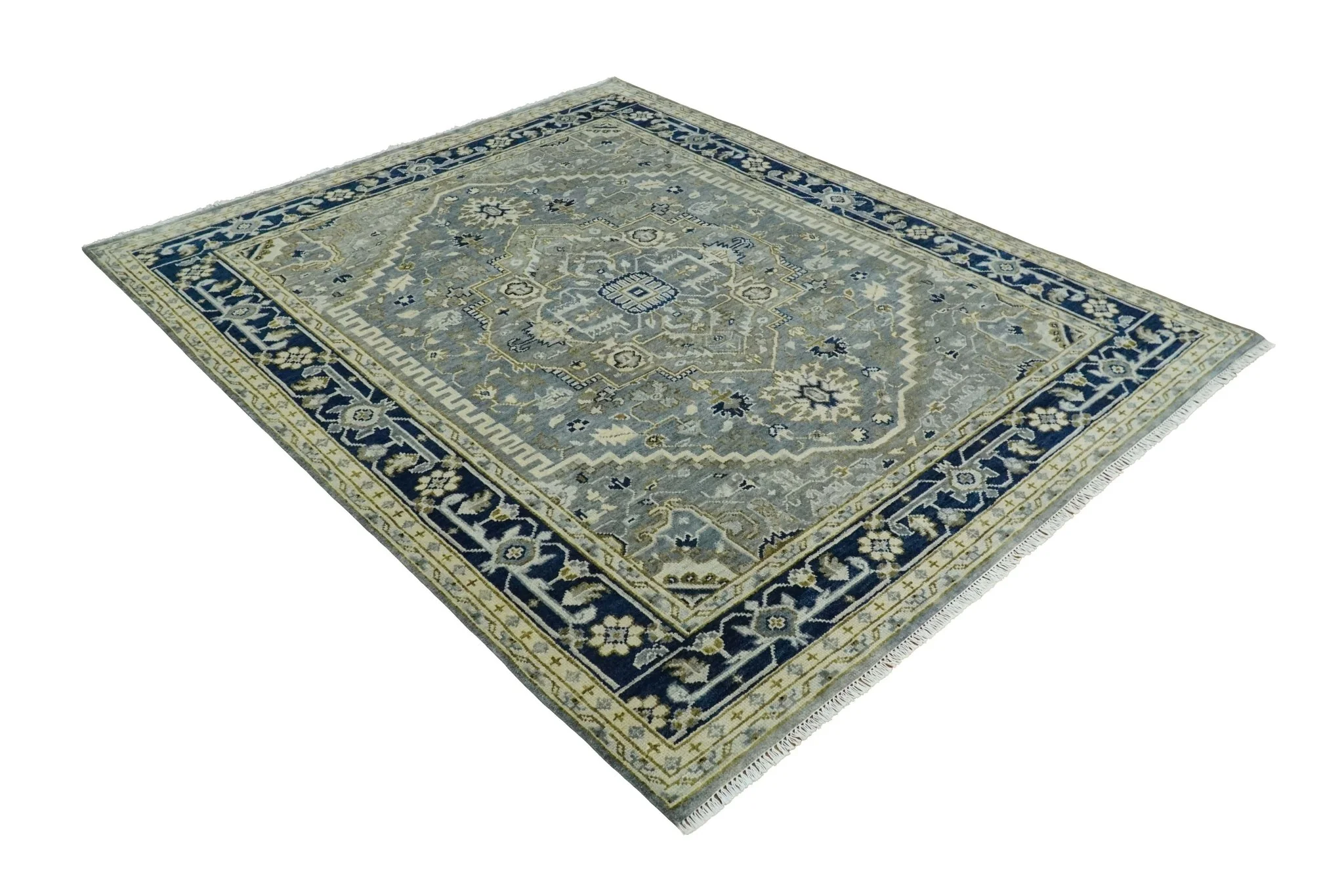 Vintage Style 8x10 Hand Knotted Heriz Serapi Gray, Beige and Blue Traditional Area Rug - Image 9