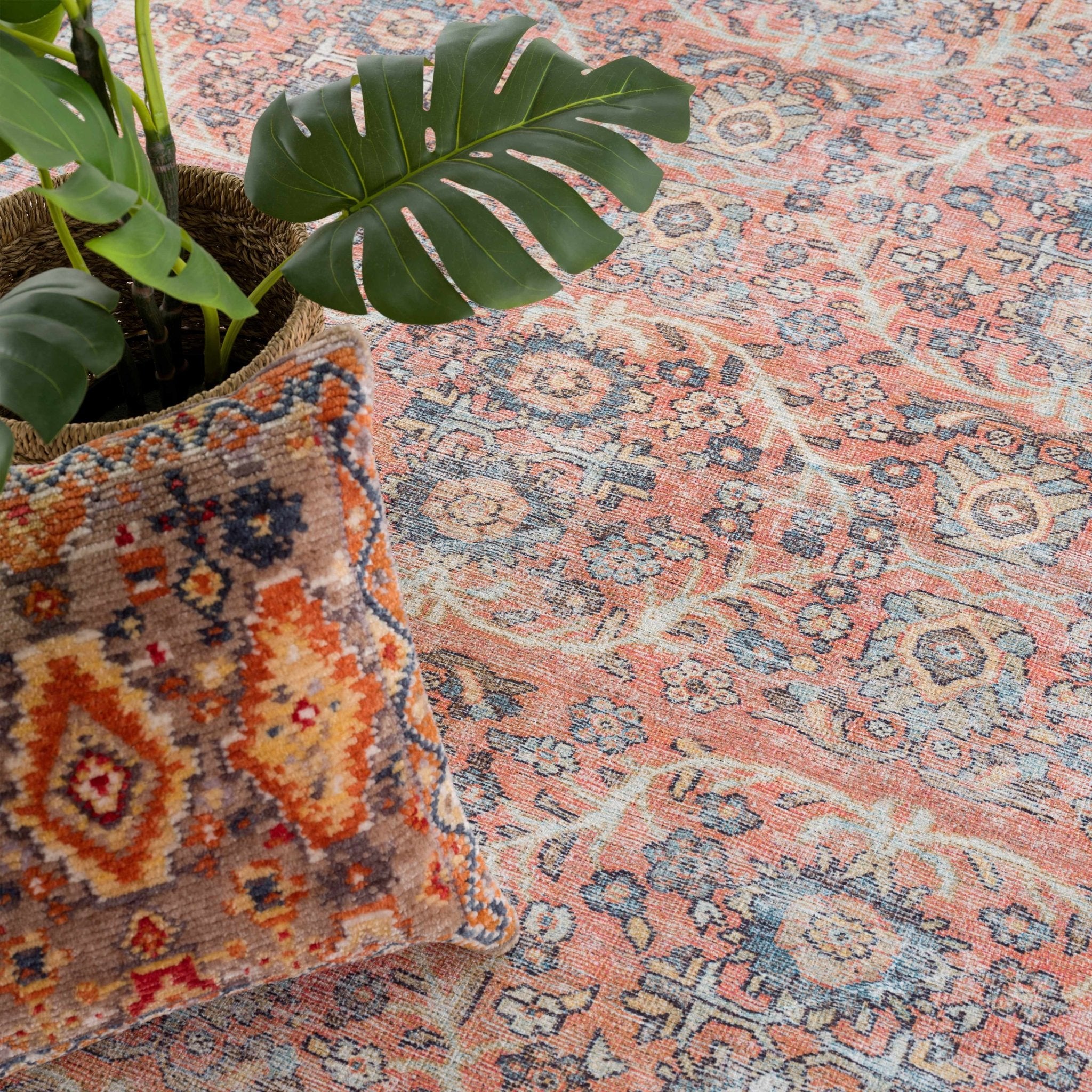 Vintage style Floral Peach, Blue and Ivory Low pile Oriental Oushak Design Area Rug - Image 12