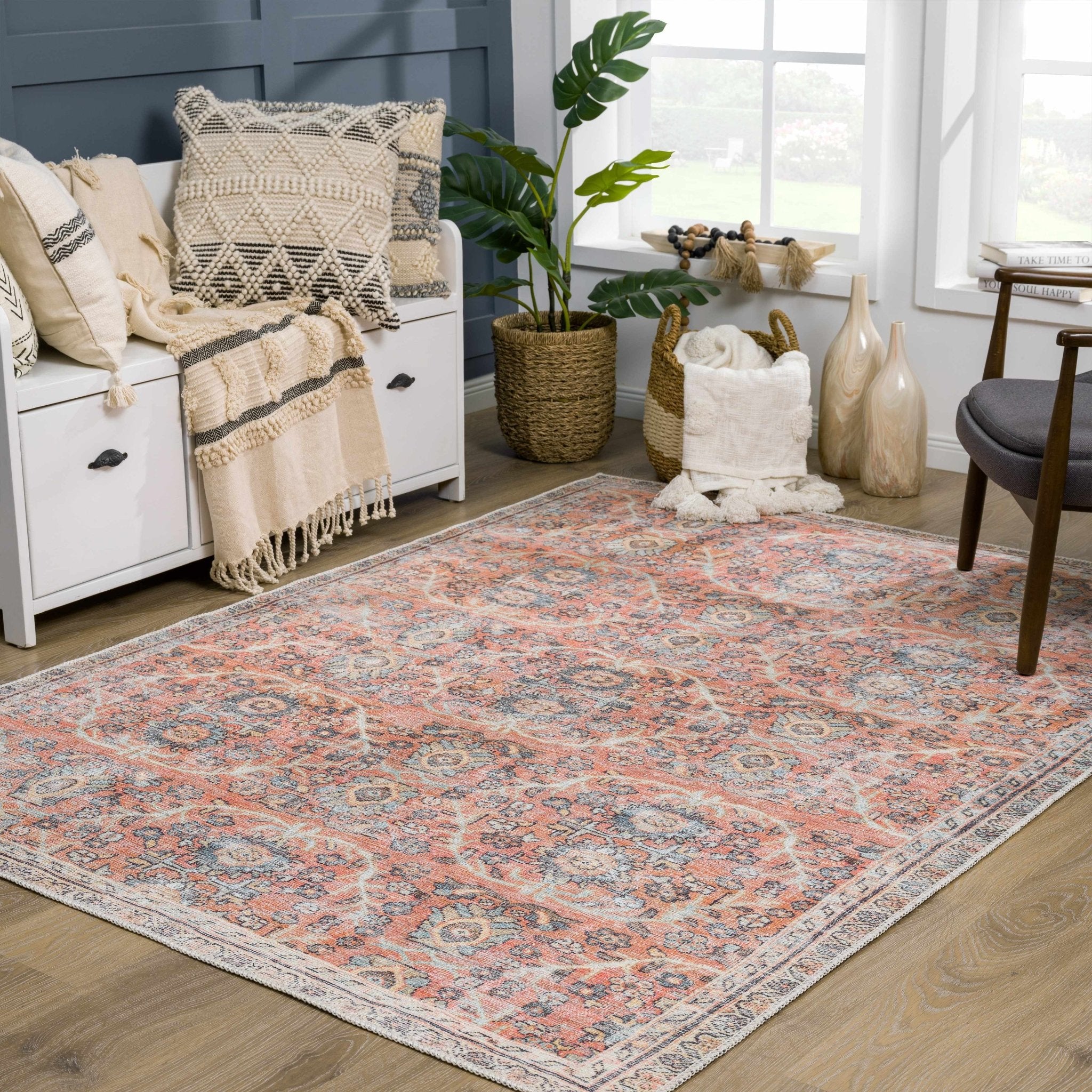 Vintage style Floral Peach, Blue and Ivory Low pile Oriental Oushak Design Area Rug - Image 13