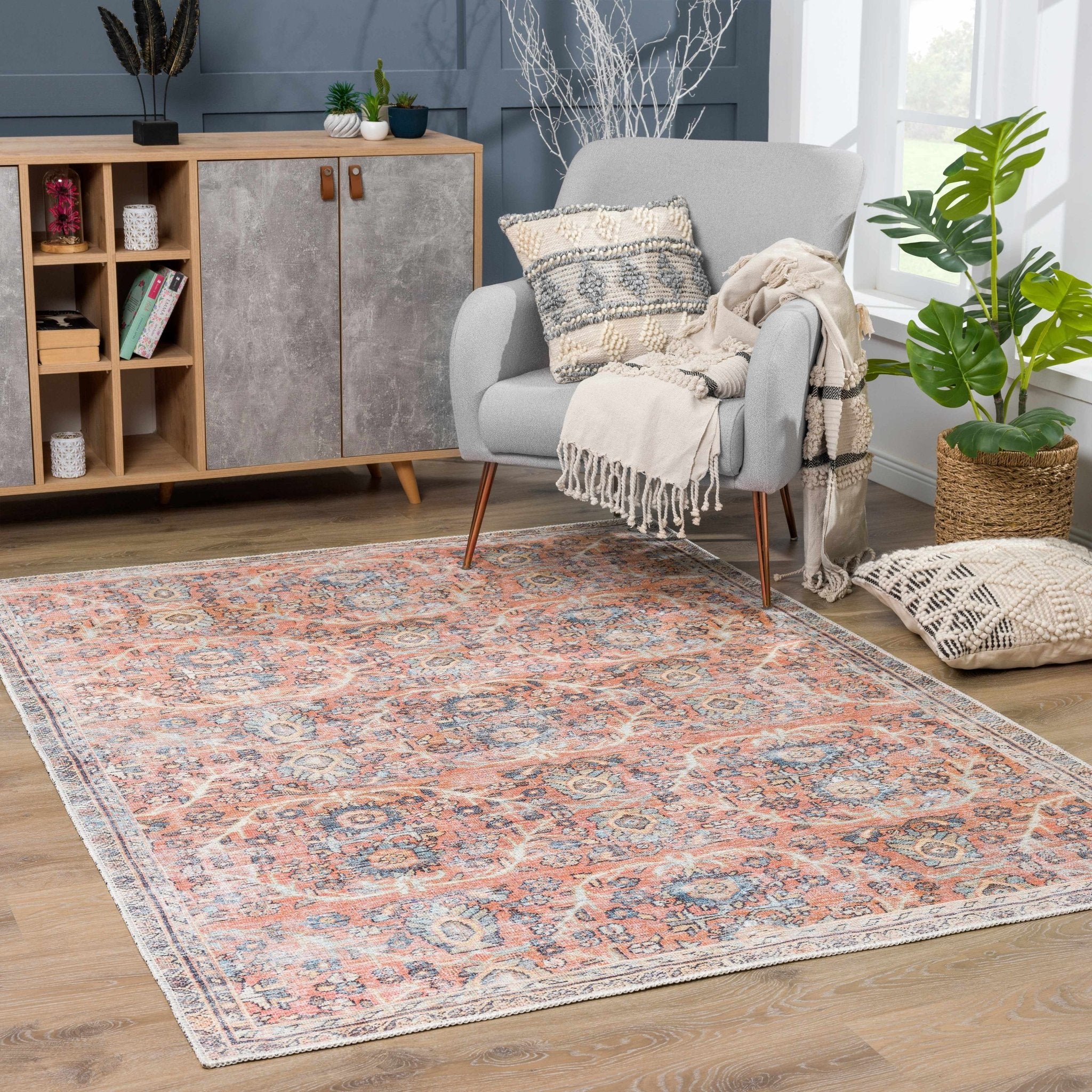 Vintage style Floral Peach, Blue and Ivory Low pile Oriental Oushak Design Area Rug - Image 2
