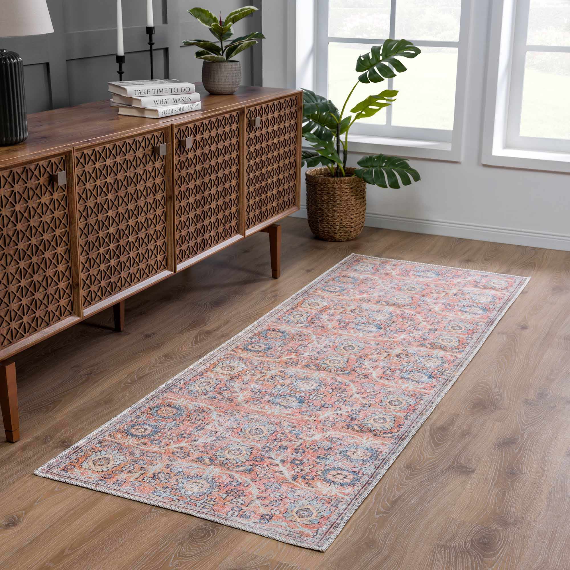 Vintage style Floral Peach, Blue and Ivory Low pile Oriental Oushak Design Area Rug - Image 3
