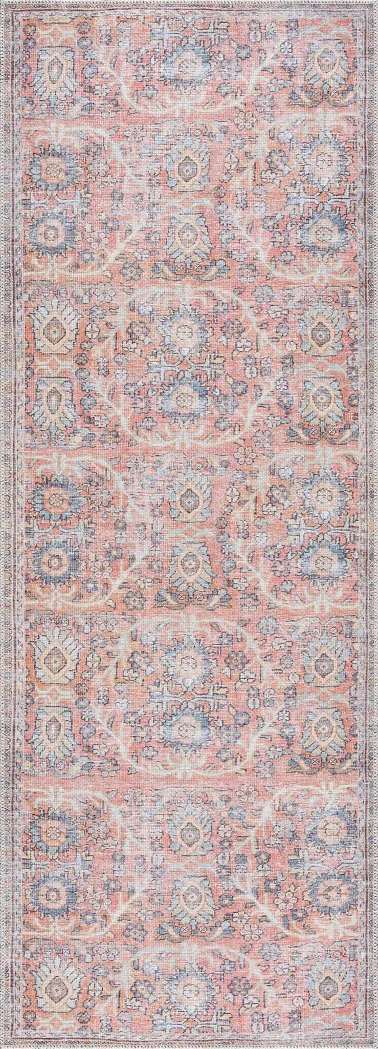 Vintage style Floral Peach, Blue and Ivory Low pile Oriental Oushak Design Area Rug - Image 4