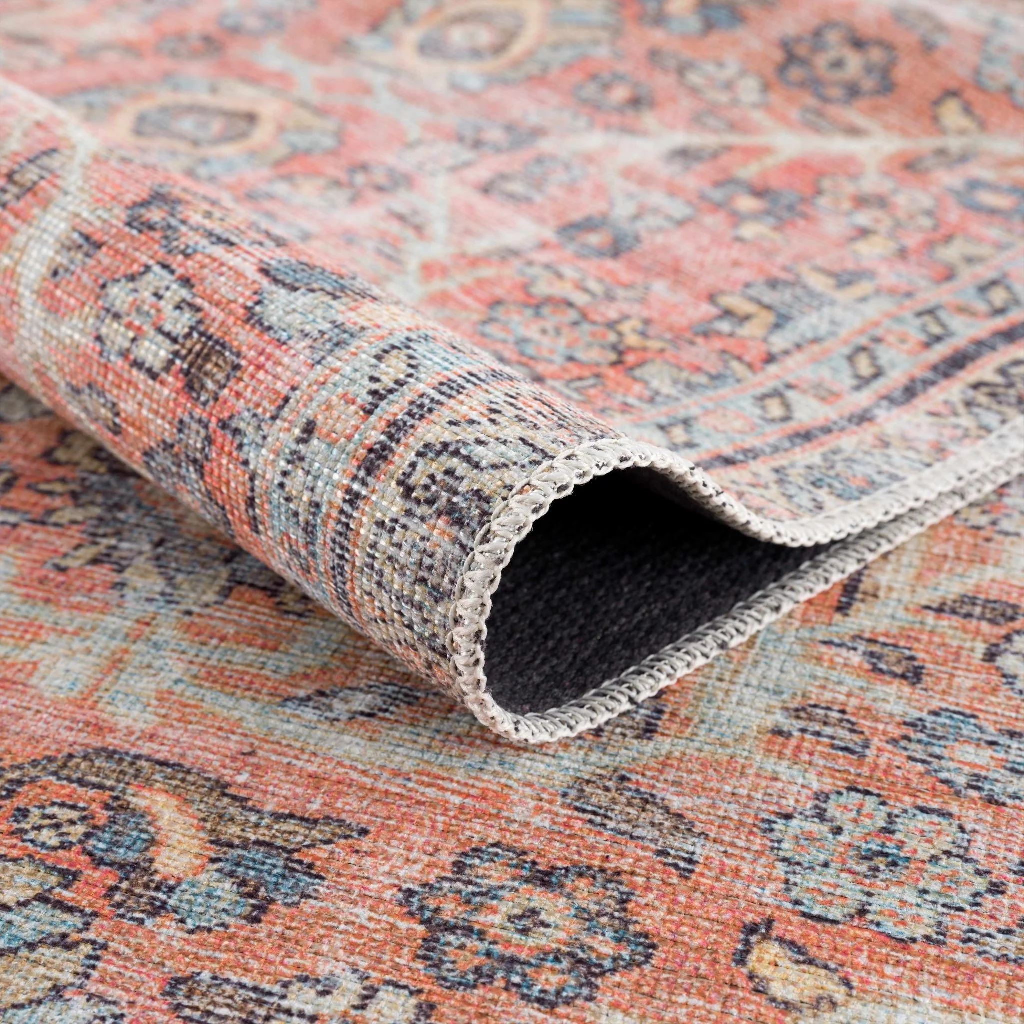 Vintage style Floral Peach, Blue and Ivory Low pile Oriental Oushak Design Area Rug - Image 6