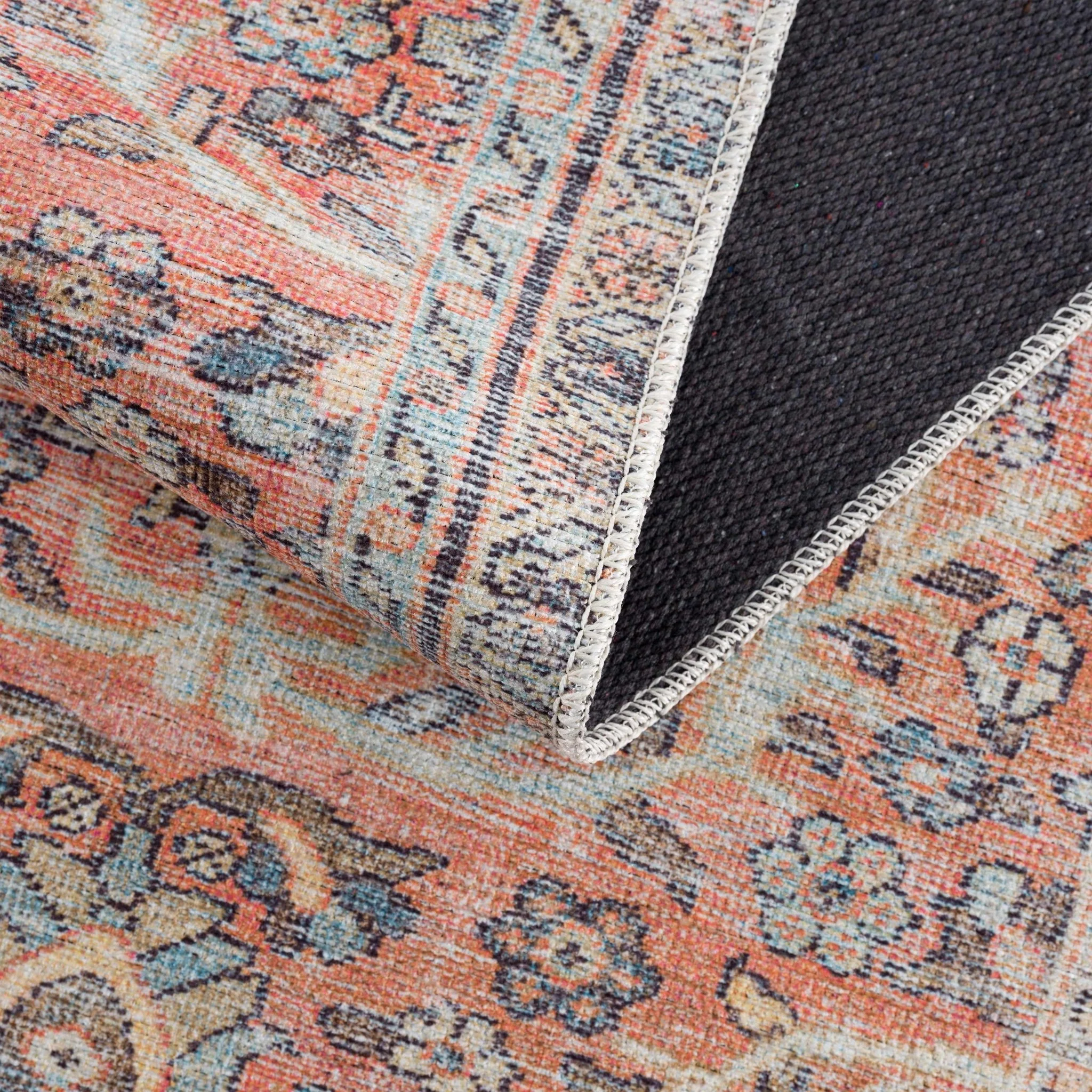Vintage style Floral Peach, Blue and Ivory Low pile Oriental Oushak Design Area Rug - Image 7