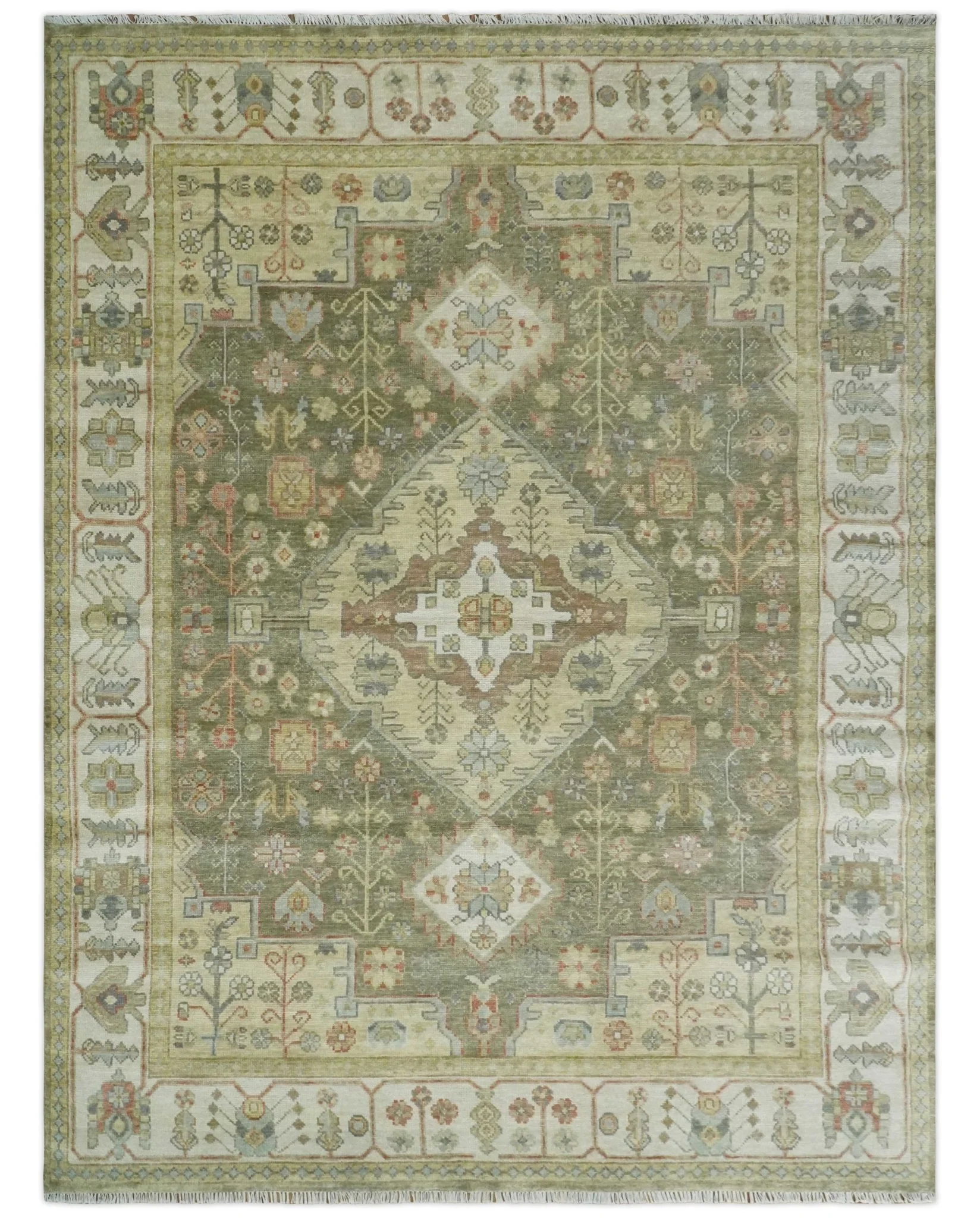 Antique Style Green, Ivory and Beige Hand knotted Heriz Serapi Multi Size wool Area Rug - Image 11