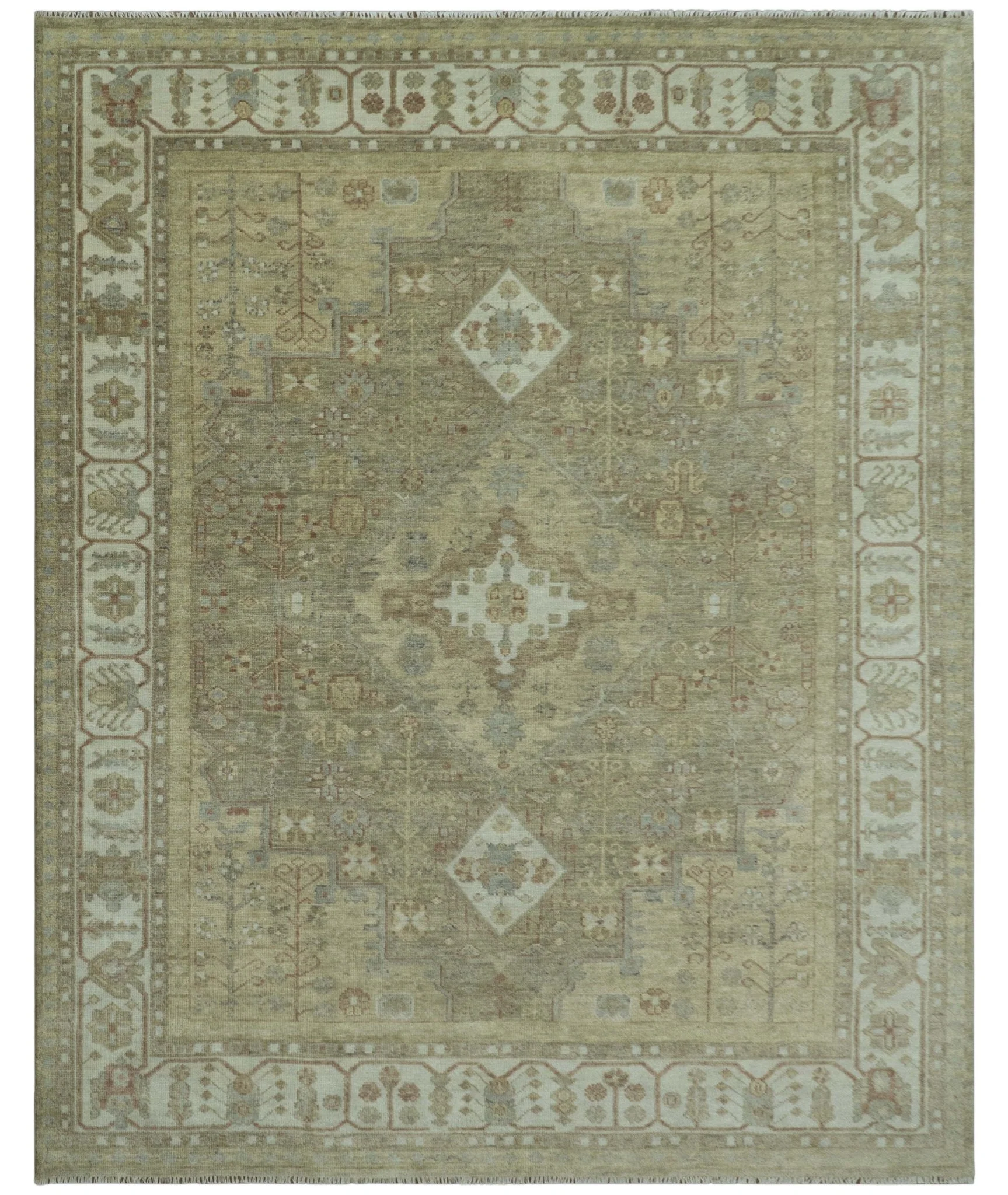 Antique Style Green, Ivory and Beige Hand knotted Heriz Serapi Multi Size wool Area Rug - Image 12