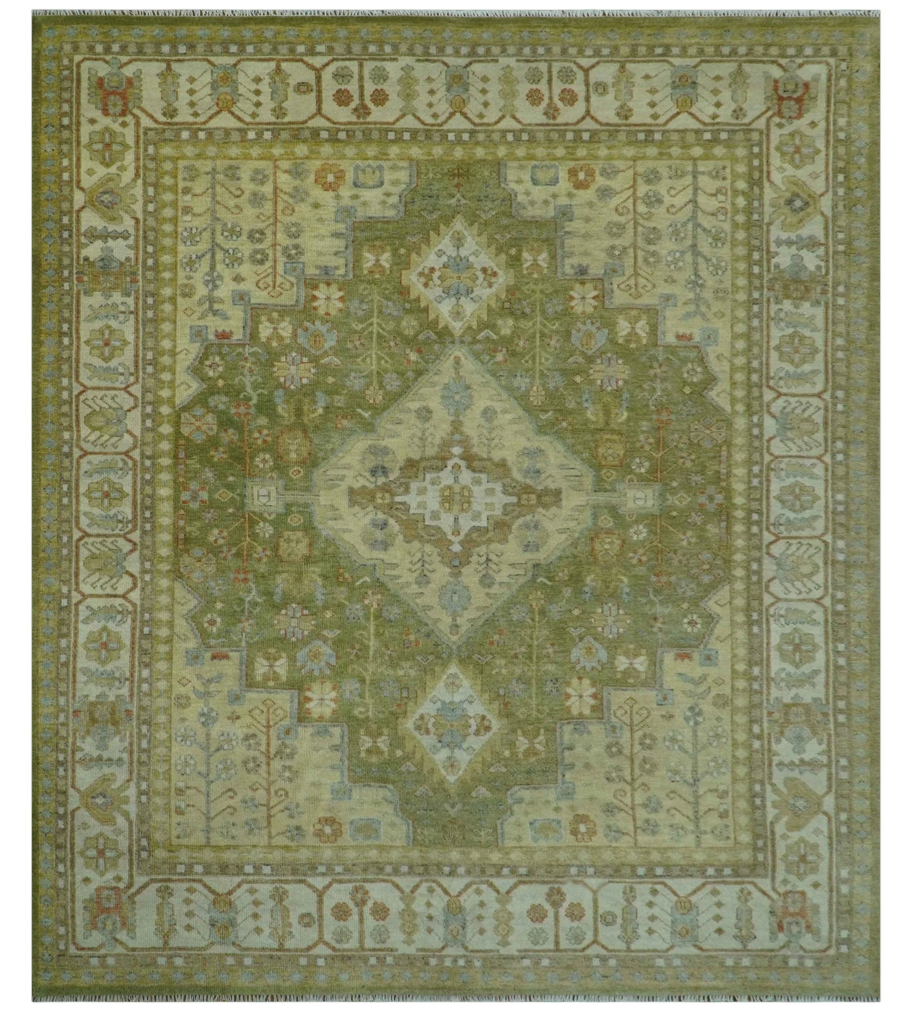 Antique Style Green, Ivory and Beige Hand knotted Heriz Serapi Multi Size wool Area Rug - Image 13