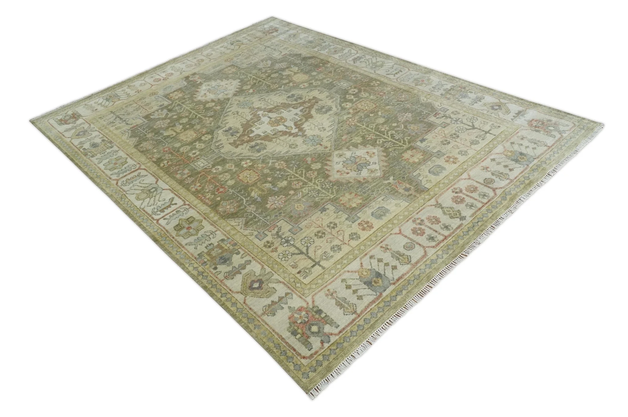 Antique Style Green, Ivory and Beige Hand knotted Heriz Serapi Multi Size wool Area Rug - Image 9