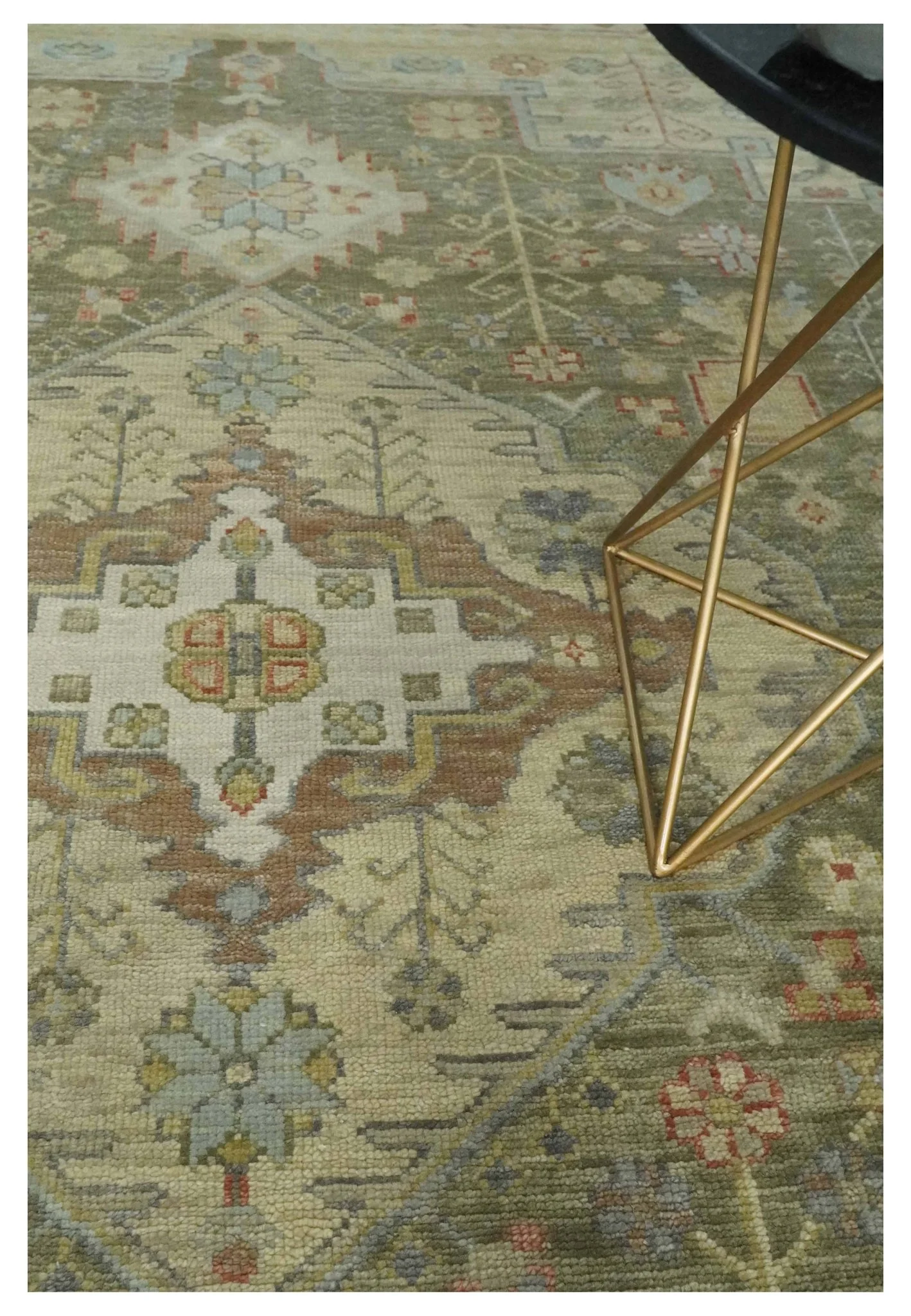 Antique Style Green, Ivory and Beige Hand knotted 9x12 wool Area Rug - Image 2