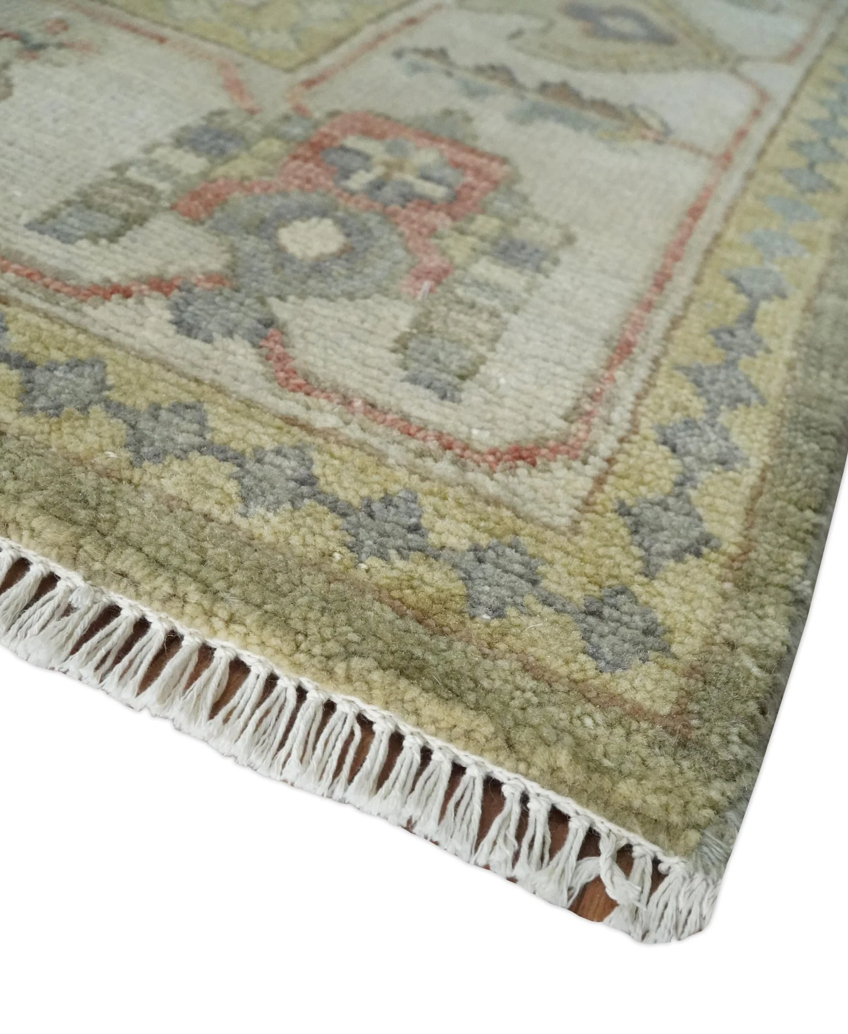 Antique Style Green, Ivory and Beige Hand knotted 9x12 wool Area Rug - Image 5