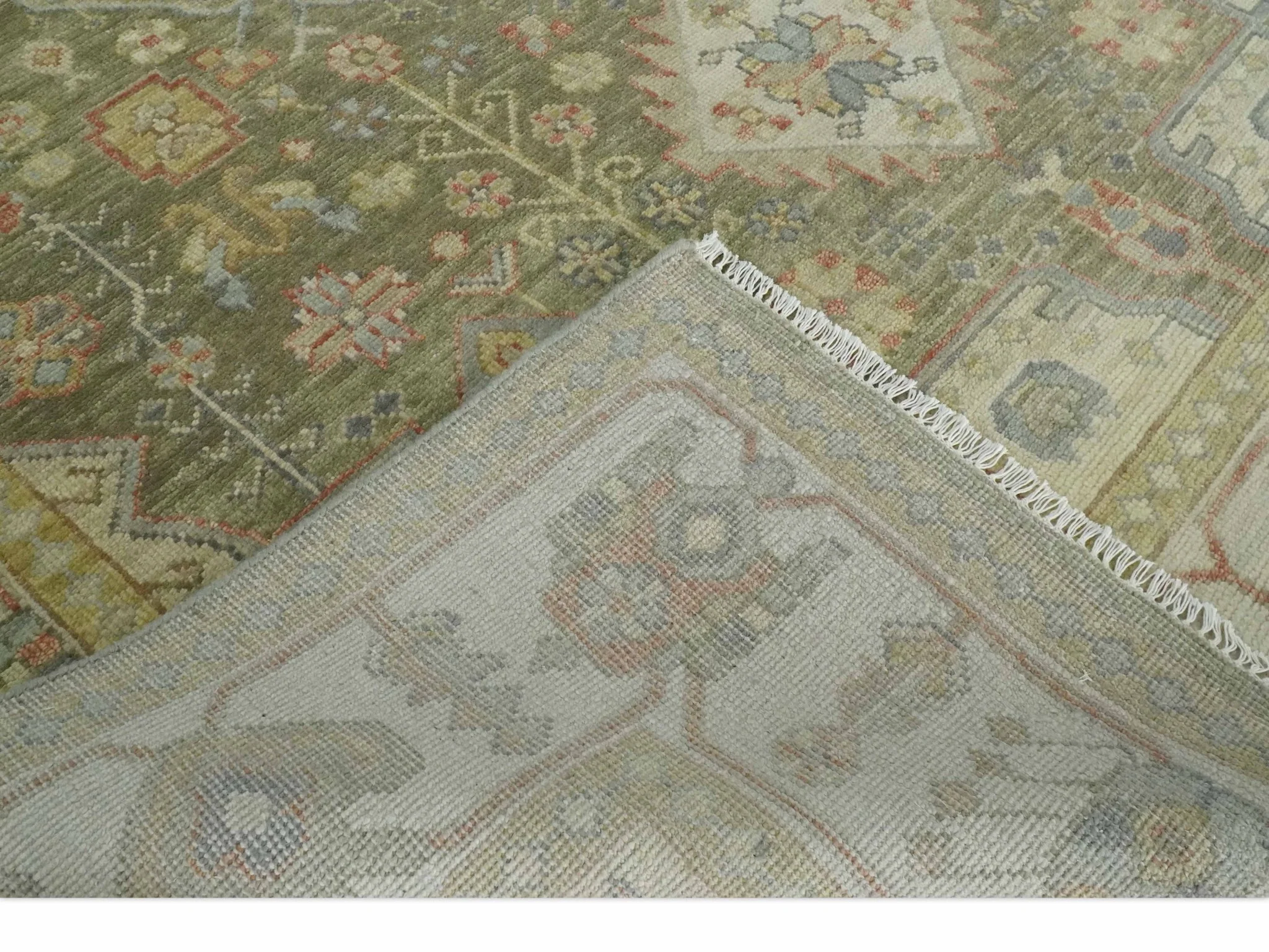 Antique Style Green, Ivory and Beige Hand knotted 9x12 wool Area Rug - Image 7
