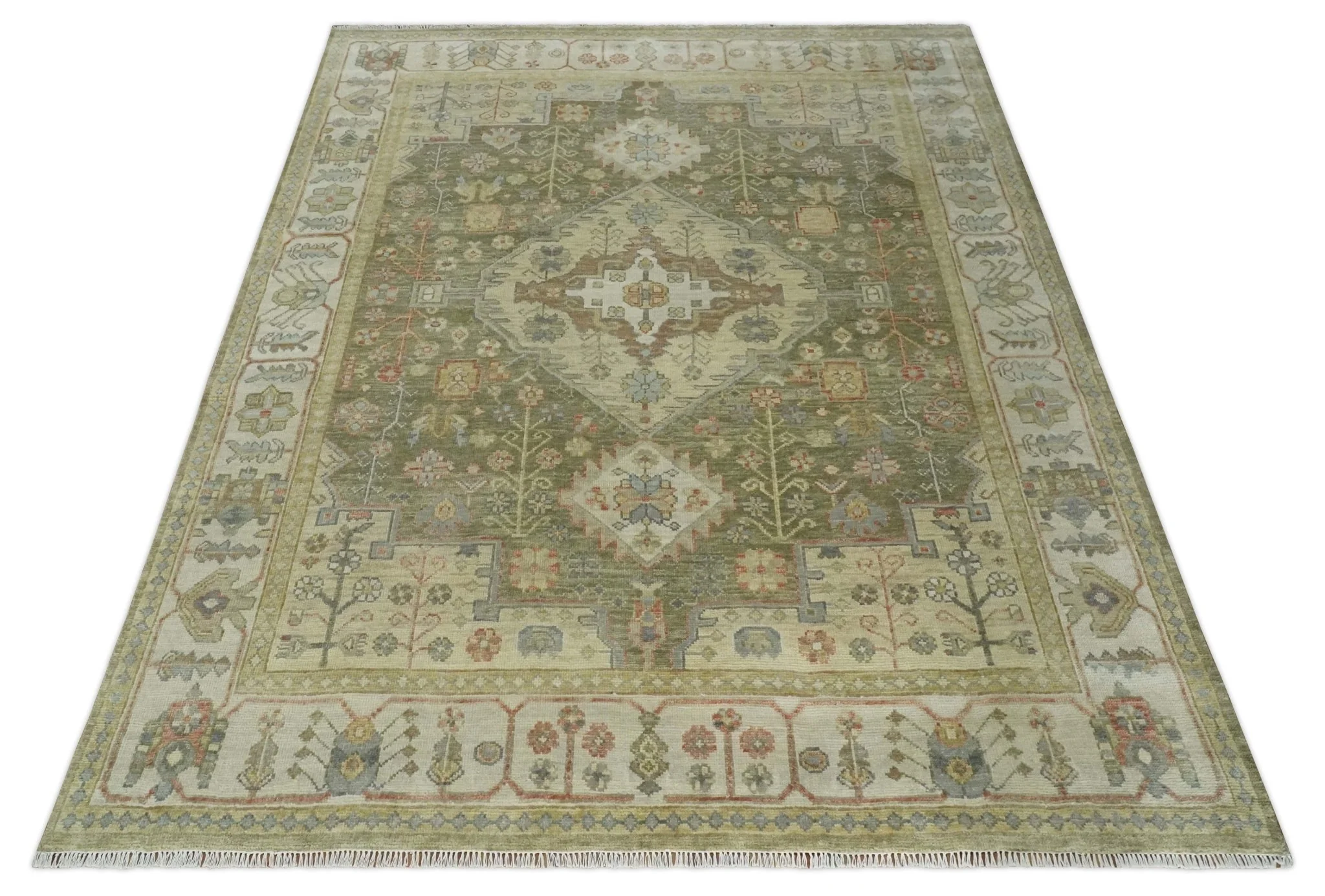 Antique Style Green, Ivory and Beige Hand knotted 9x12 wool Area Rug - Image 8
