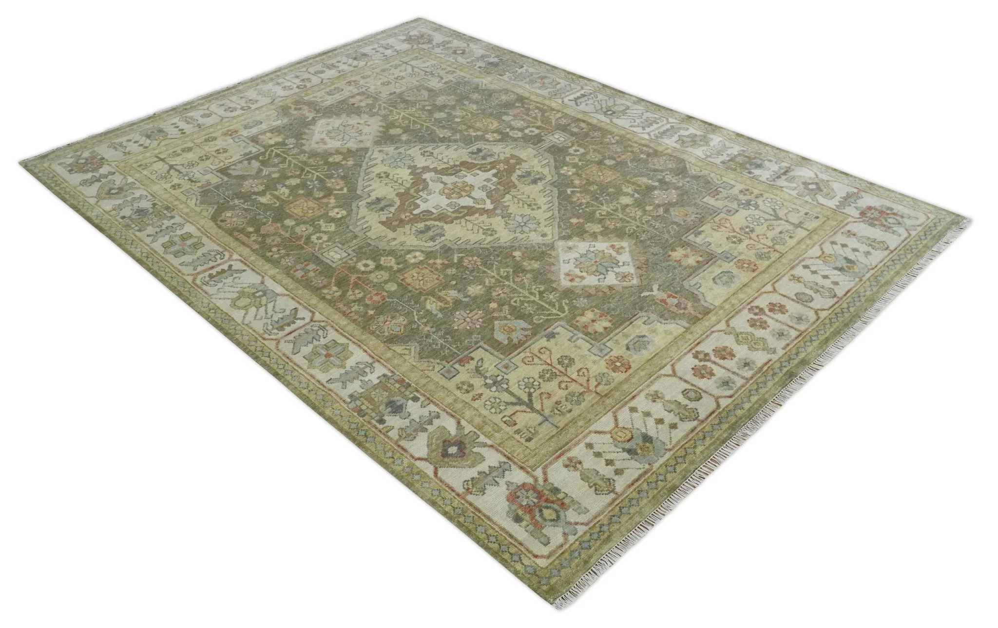Antique Style Green, Ivory and Beige Hand knotted 9x12 wool Area Rug - Image 10