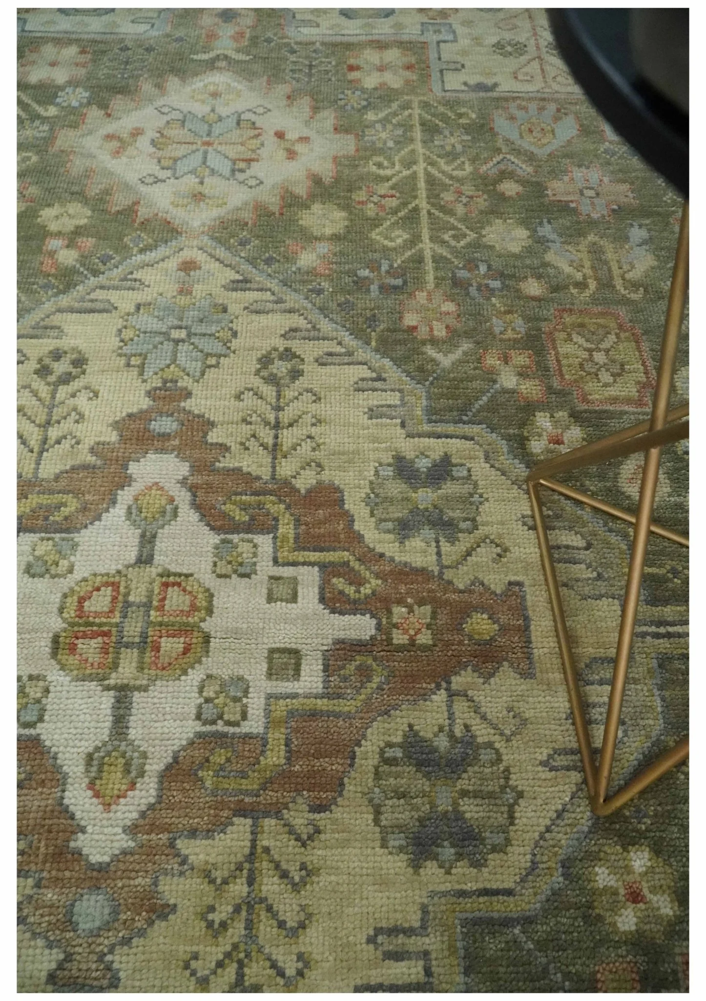 Antique Style Green, Ivory and Beige Hand knotted 9x12 wool Area Rug - Image 2