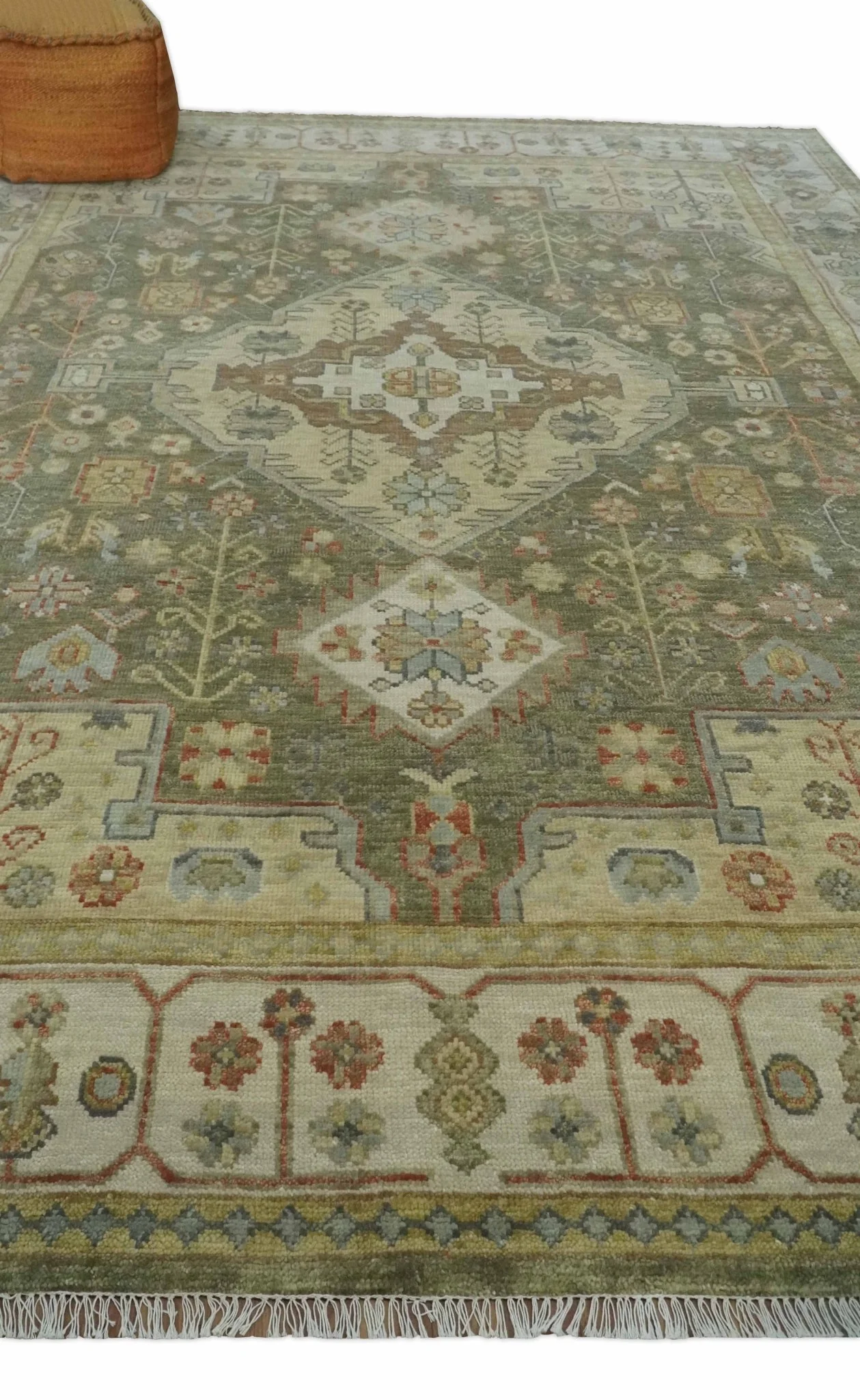 Antique Style Green, Ivory and Beige Hand knotted 9x12 wool Area Rug - Image 3