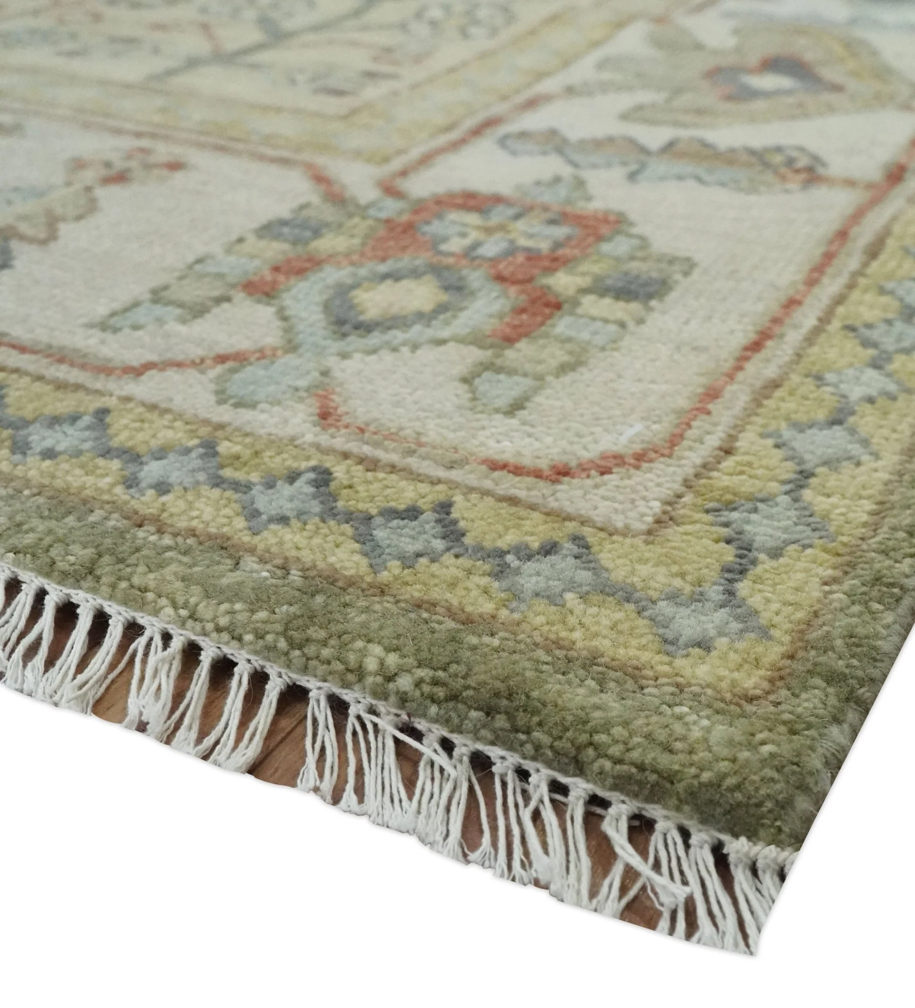 Antique Style Green, Ivory and Beige Hand knotted 9x12 wool Area Rug - Image 5