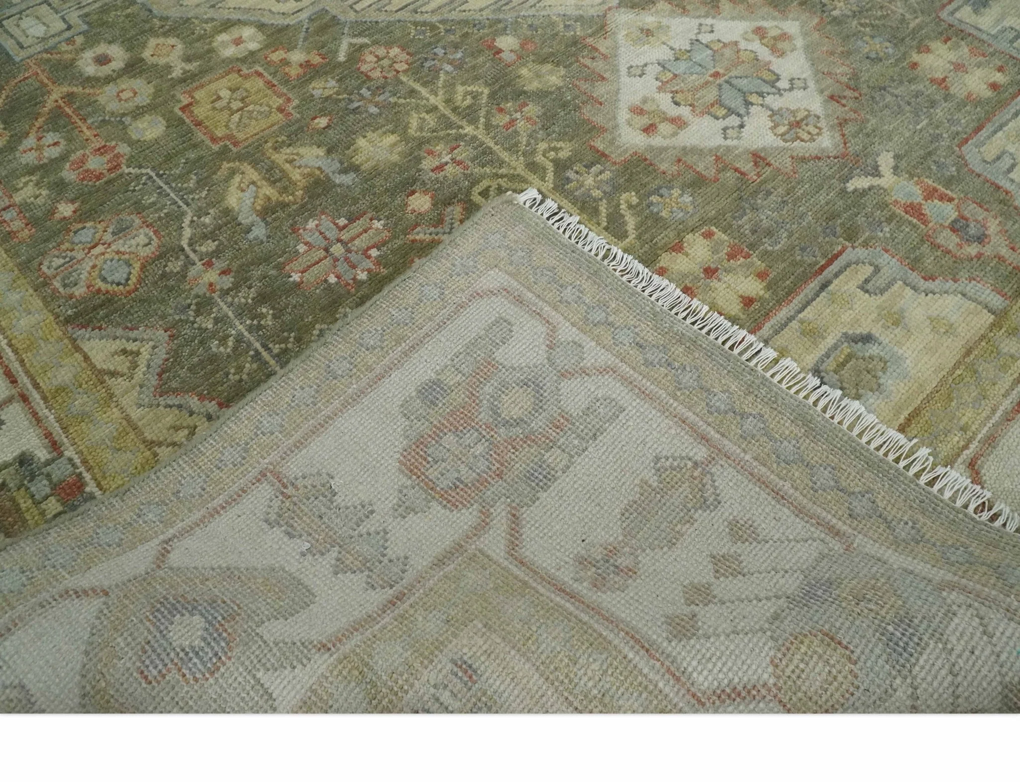 Antique Style Green, Ivory and Beige Hand knotted 9x12 wool Area Rug - Image 6