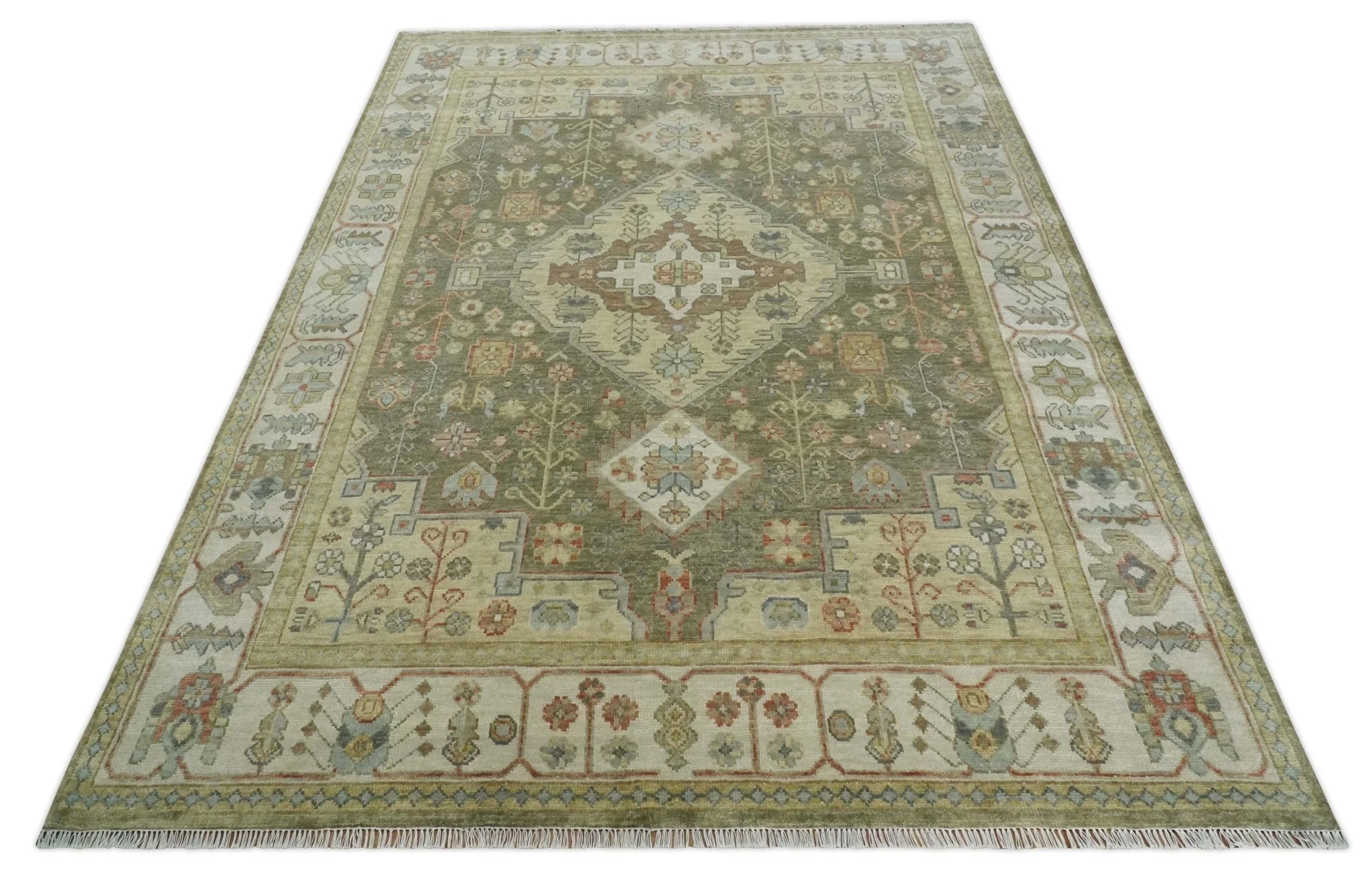 Antique Style Green, Ivory and Beige Hand knotted 9x12 wool Area Rug - Image 9