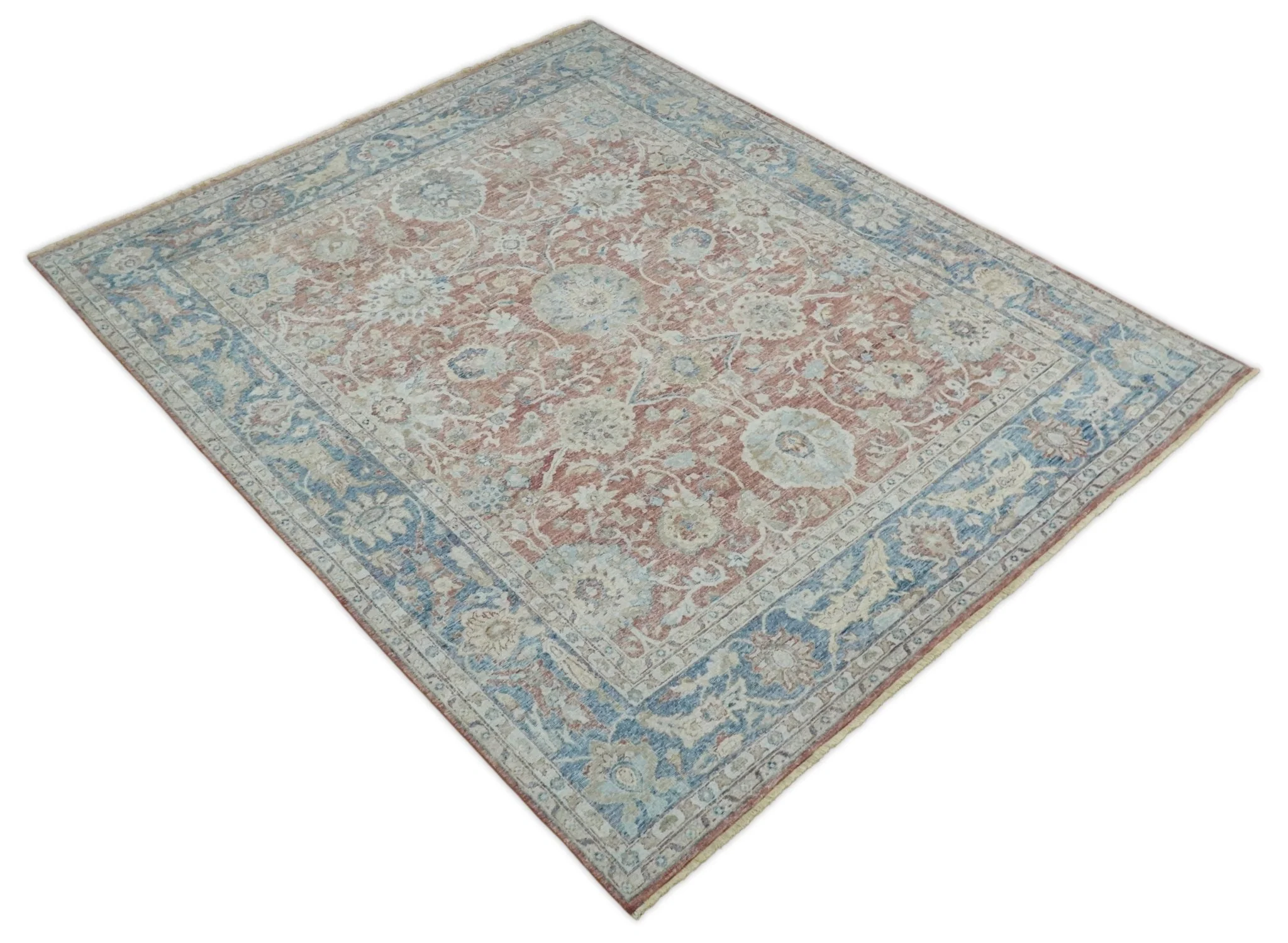 Vintage Hand Knotted 8x10 Rust and Blue Traditional Oxidized Textured Persian Low Pile Wool Rug | TRD2601 - Image 7