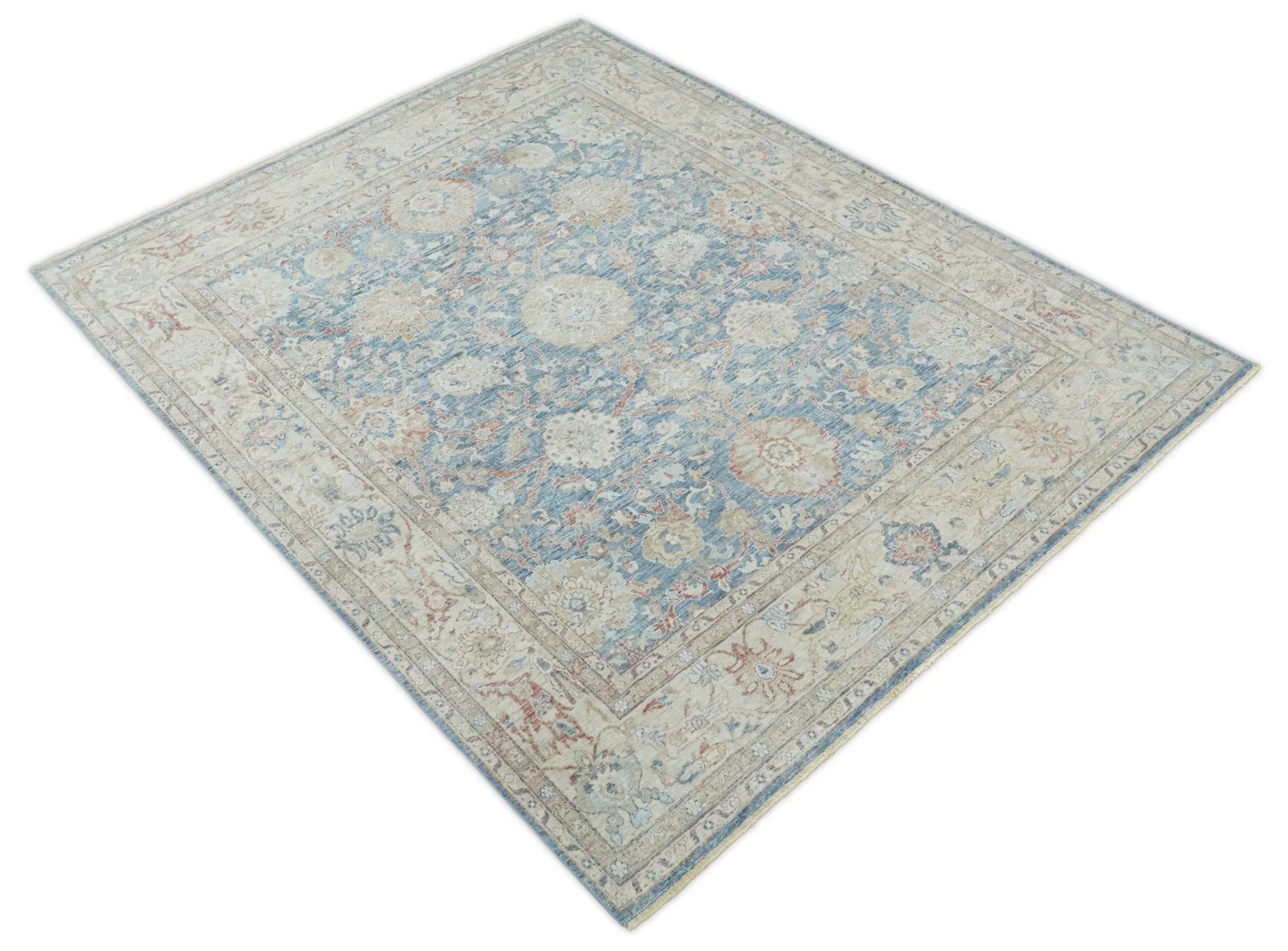 Vintage Hand Knotted 8x10 Blue and Beige Traditional Oxidized Textured Persian Low Pile Wool Rug - Image 10