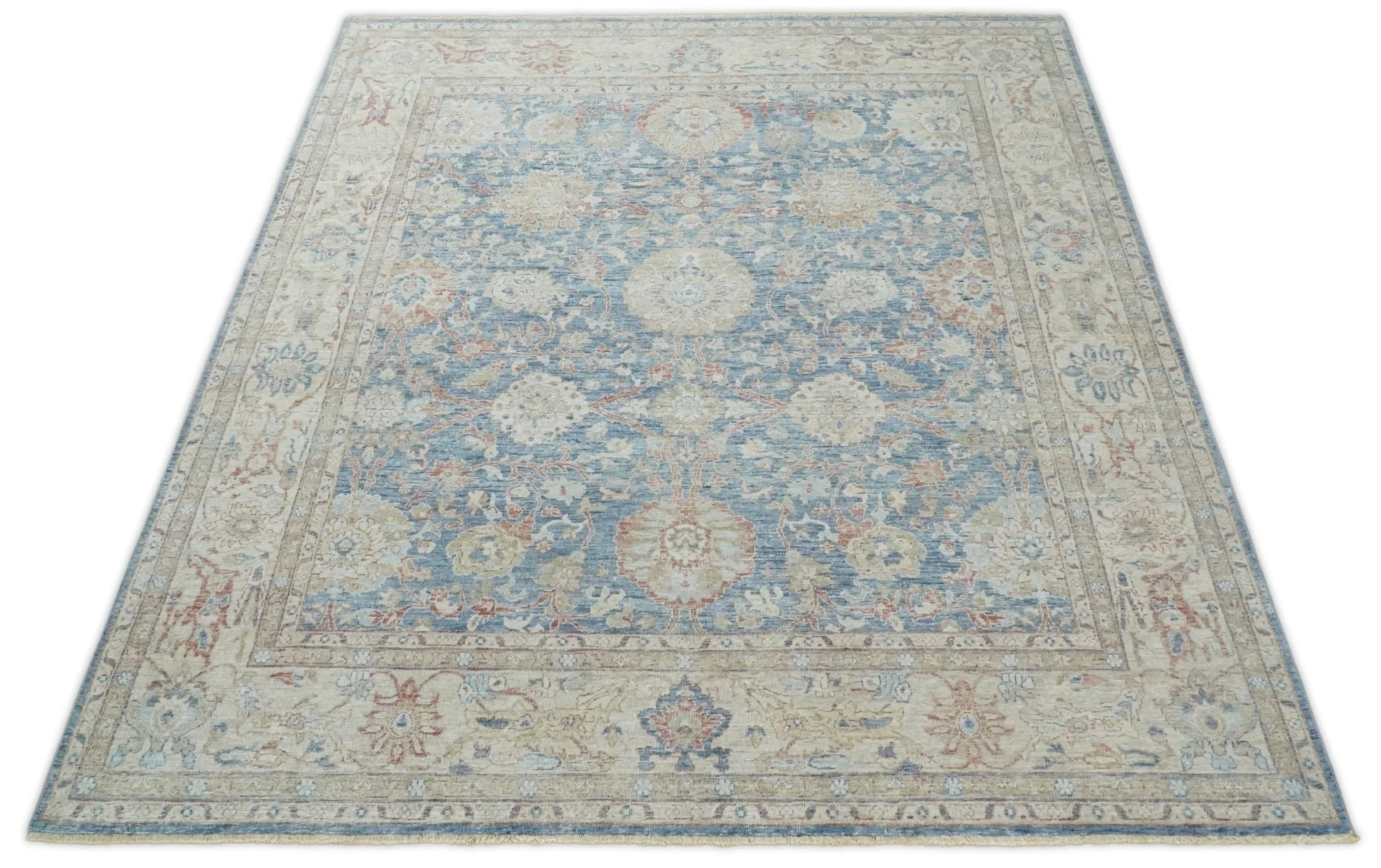 Vintage Hand Knotted 8x10 Blue and Beige Traditional Oxidized Textured Persian Low Pile Wool Rug - Image 11