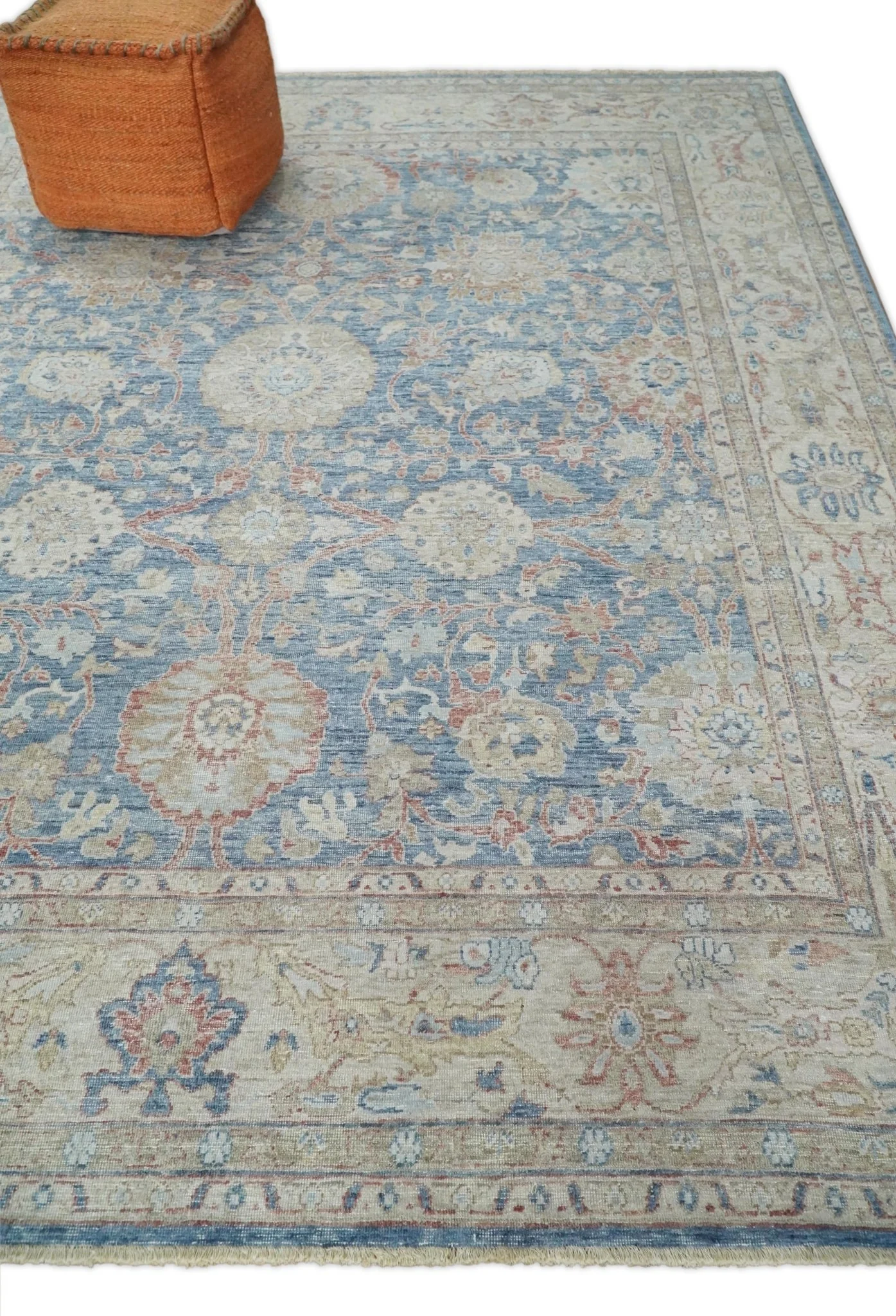 Vintage Hand Knotted 8x10 Blue and Beige Traditional Oxidized Textured Persian Low Pile Wool Rug - Image 3