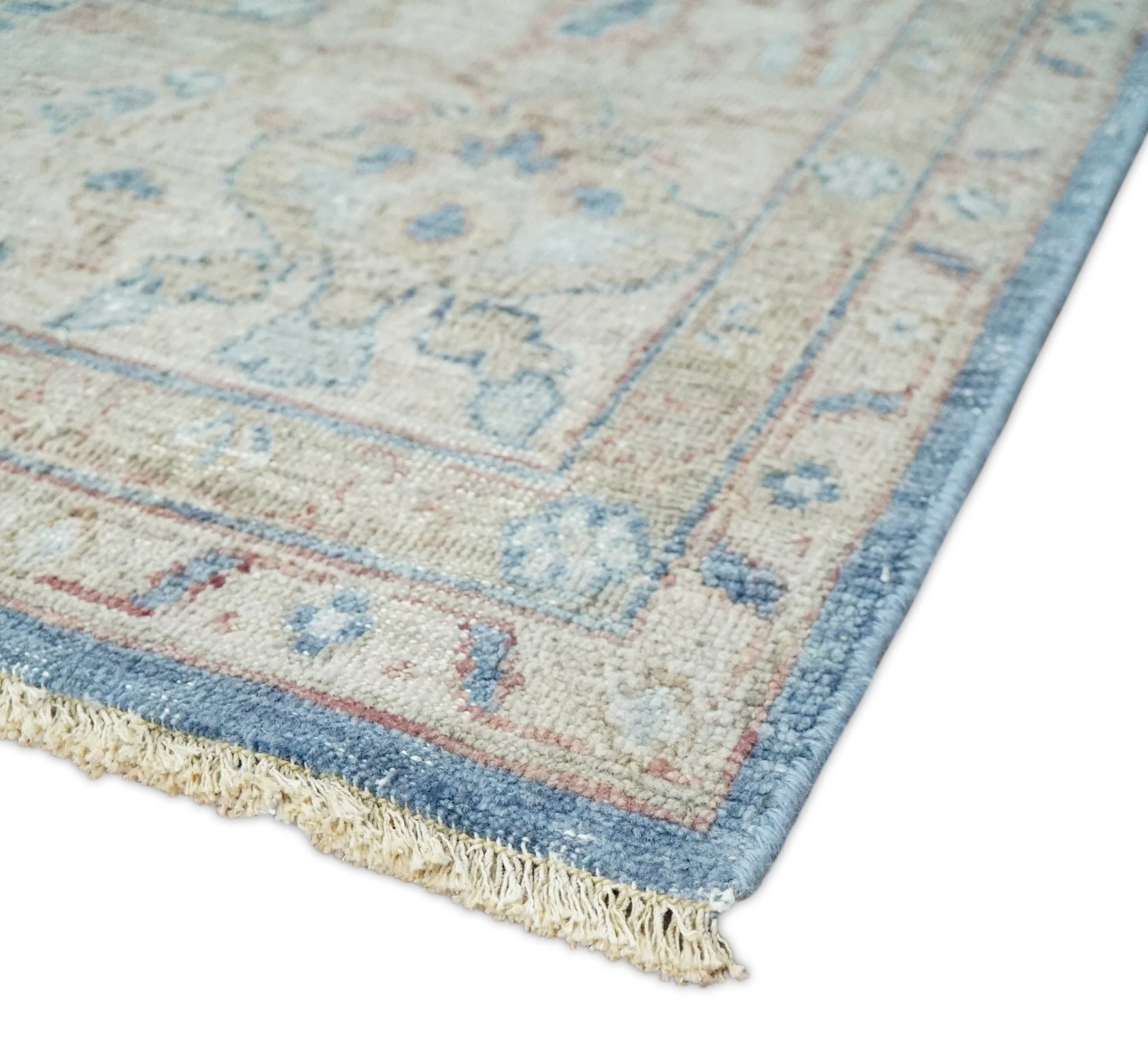 Vintage Hand Knotted 8x10 Blue and Beige Traditional Oxidized Textured Persian Low Pile Wool Rug - Image 5