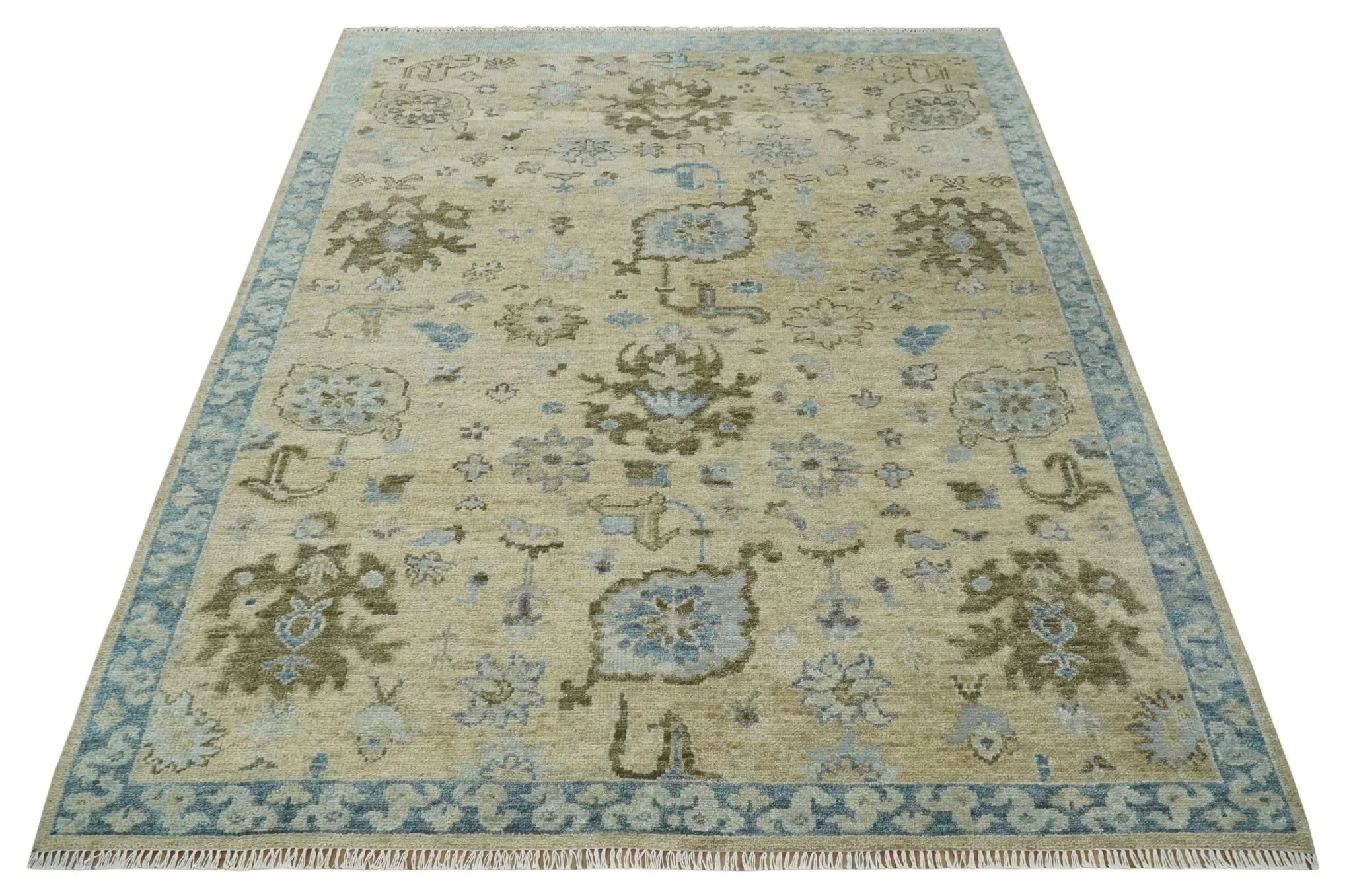 Custom Made Antique Style Beige and Blue Hand knotted Oushak wool Area Rug - Image 10