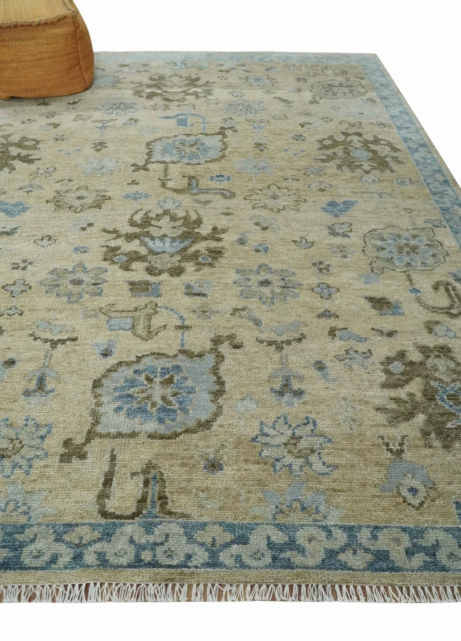 Custom Made Antique Style Beige and Blue Hand knotted Oushak wool Area Rug - Image 3