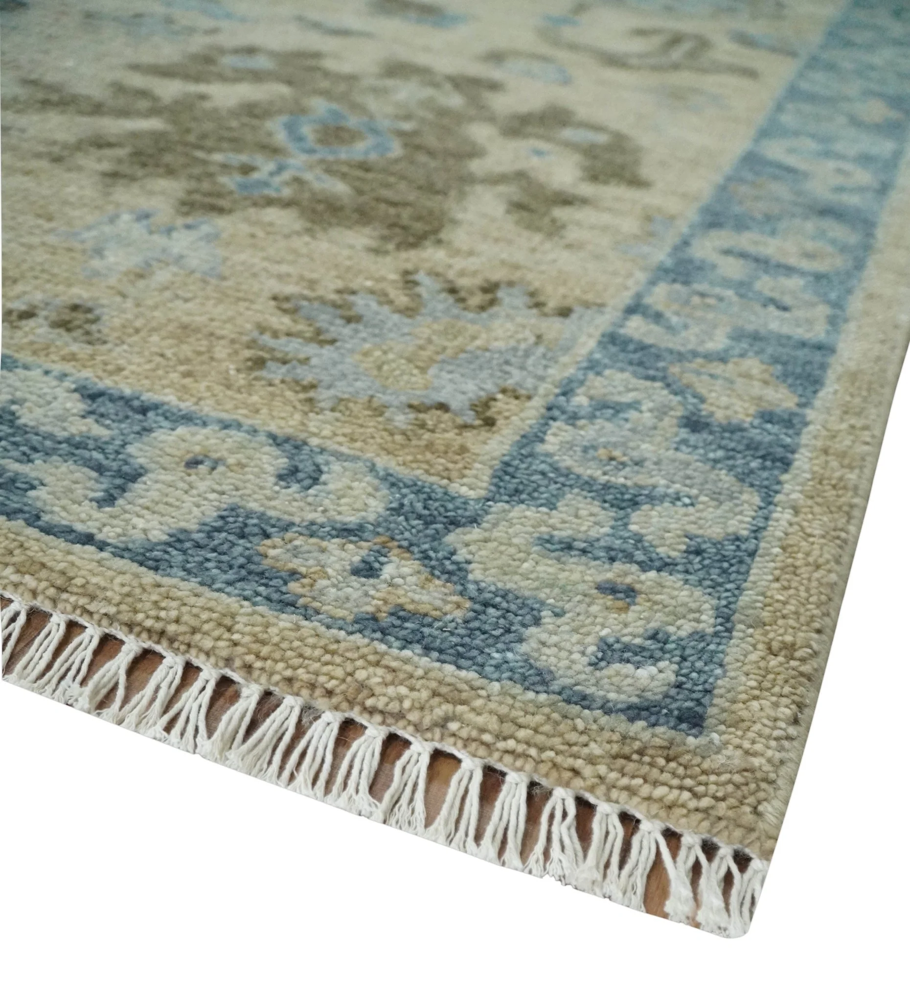 Custom Made Antique Style Beige and Blue Hand knotted Oushak wool Area Rug - Image 5