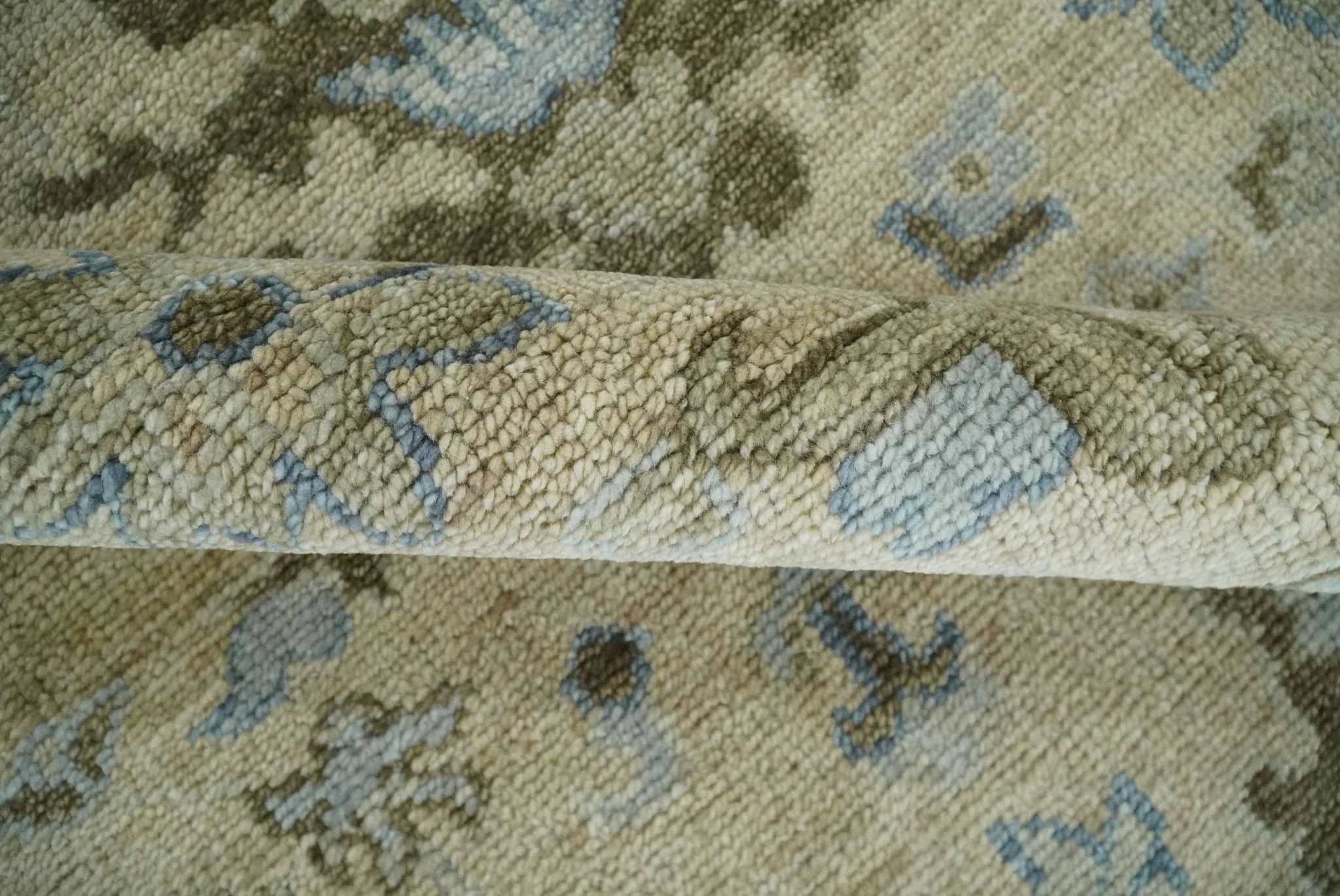 Custom Made Antique Style Beige and Blue Hand knotted Oushak wool Area Rug - Image 6